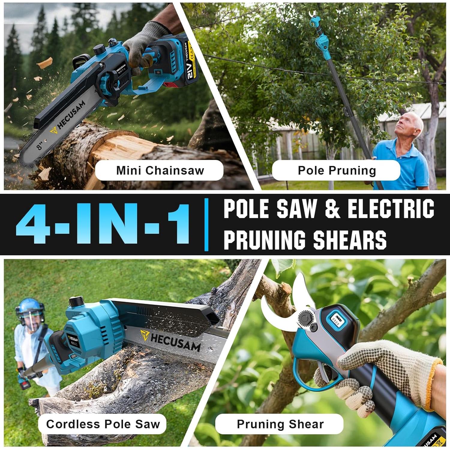 Sierra de Poste Inalámbrica HECUSAM 4-en-1 con Tijeras de Poda