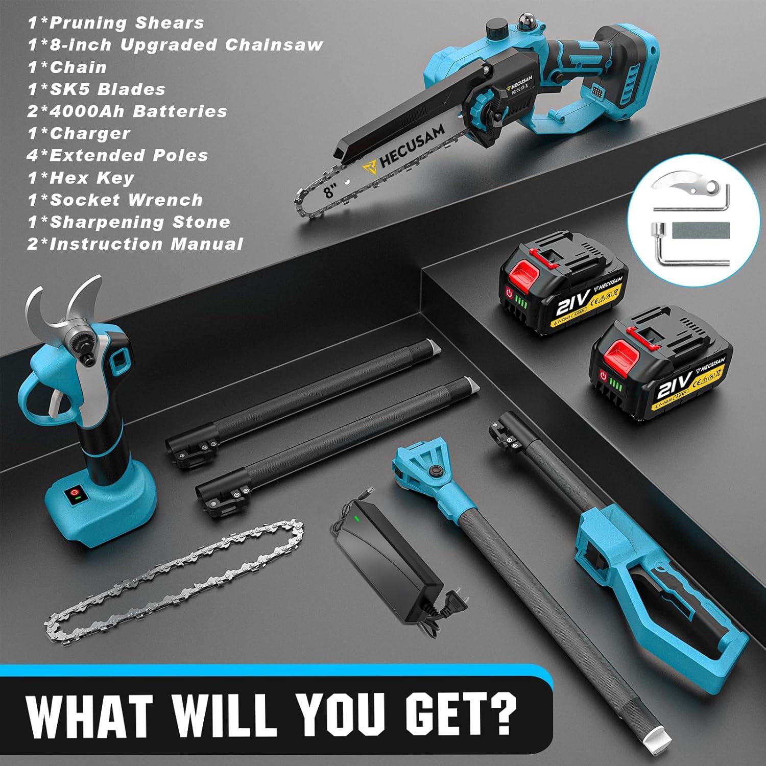 Sierra de Poste Inalámbrica HECUSAM 4-en-1 con Tijeras de Poda