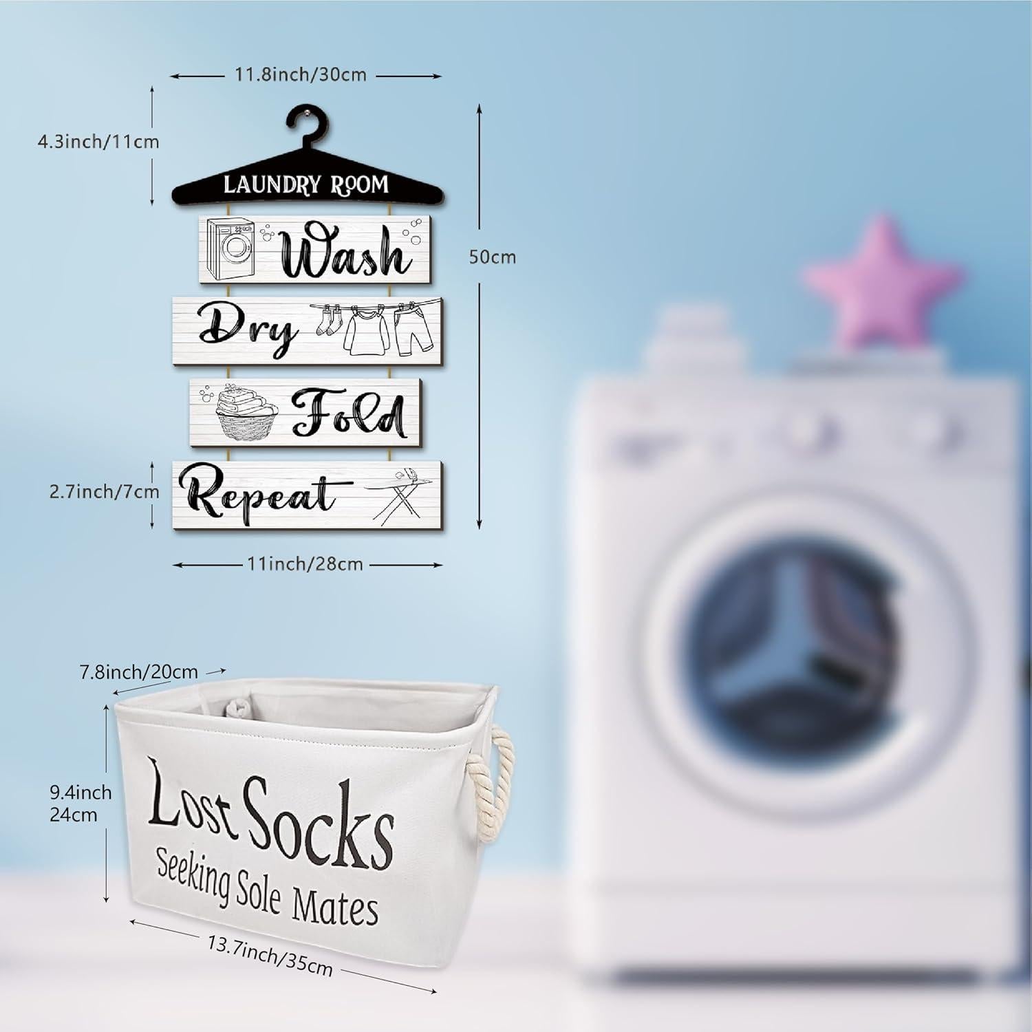 Juego de Decoración para Lavandería FEXICHUJI - Canasta y Cartel