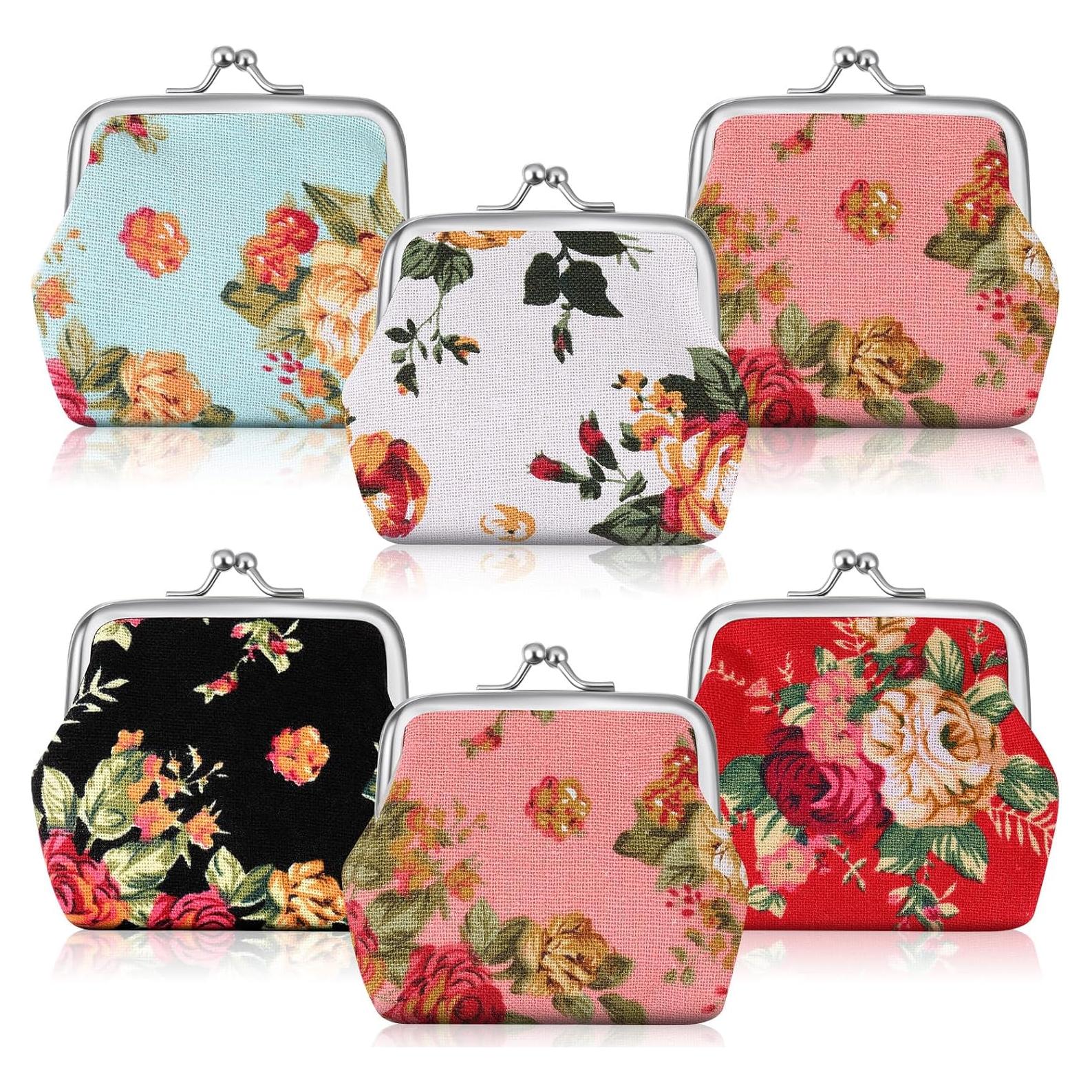Paquete de 6 Monederos Florales de Lona Vintage para Mujeres