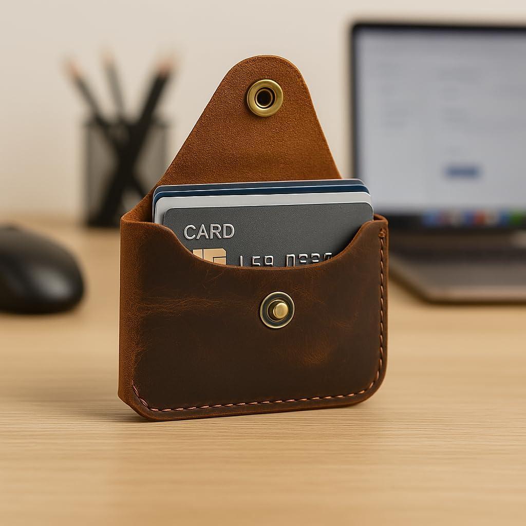 Porta Tarjetas de Cuero Marrón Minimalista The Antiq - Estuche Delgado para 4 Tarjetas