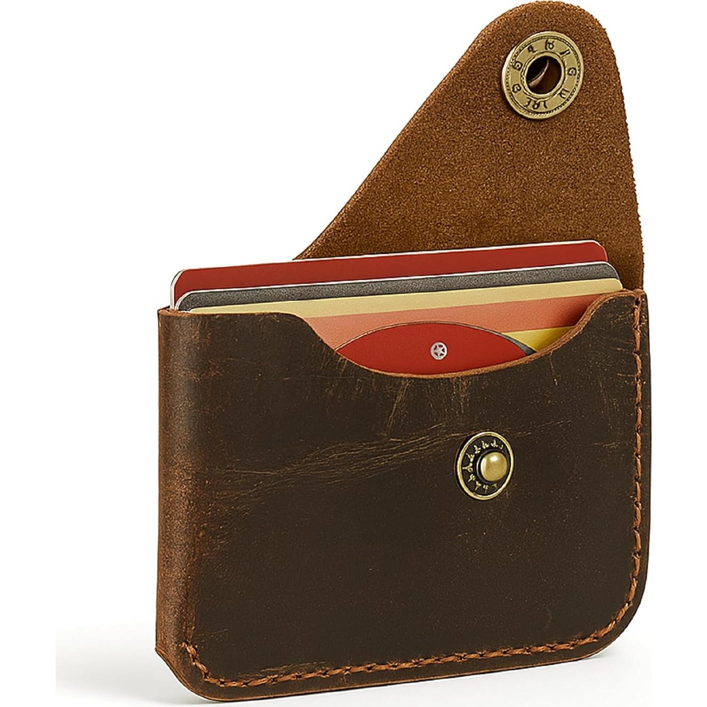 Porta Tarjetas de Cuero Marrón Minimalista The Antiq - Estuche Delgado para 4 Tarjetas