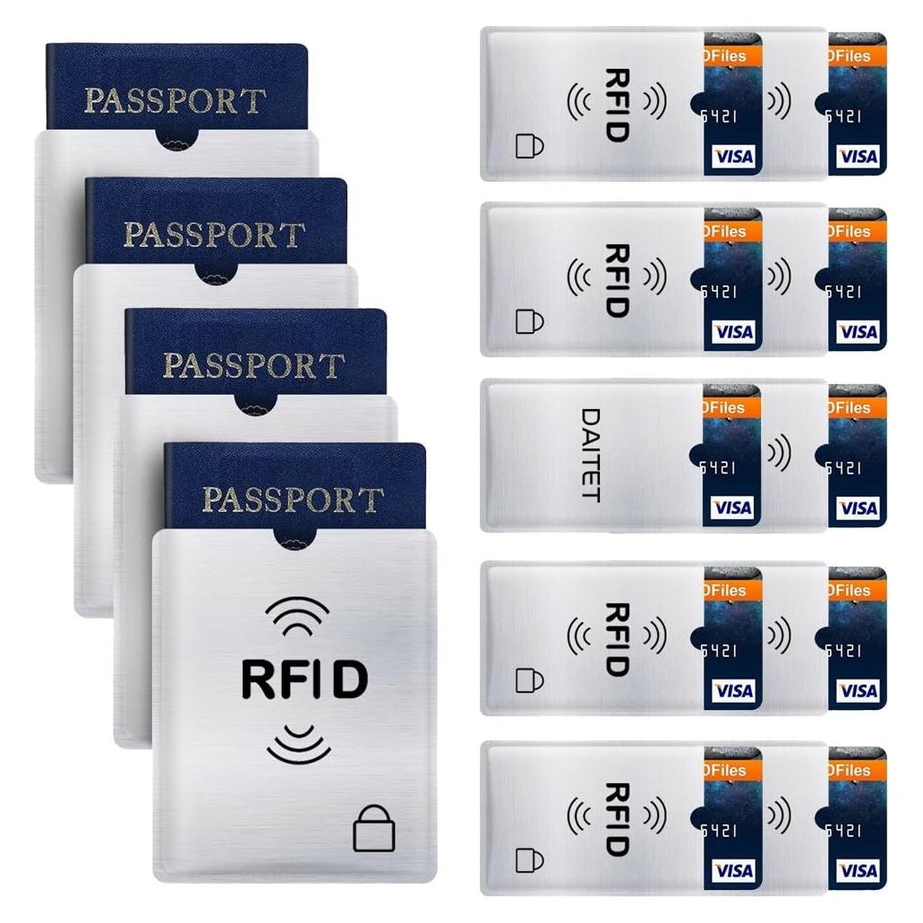 RFID Blocking Sleeves, Set of 10 Credit Card Holders & 4 Passport Protectors for Men & Women and Wallet Trifold Leather Bifold Wallet