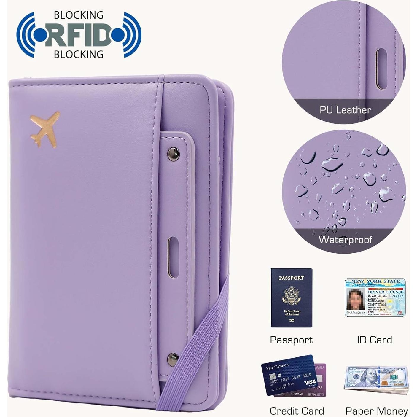 Porta Pasaporte Melsbrinna Morado con Bloqueo RFID y Manga Desmontable