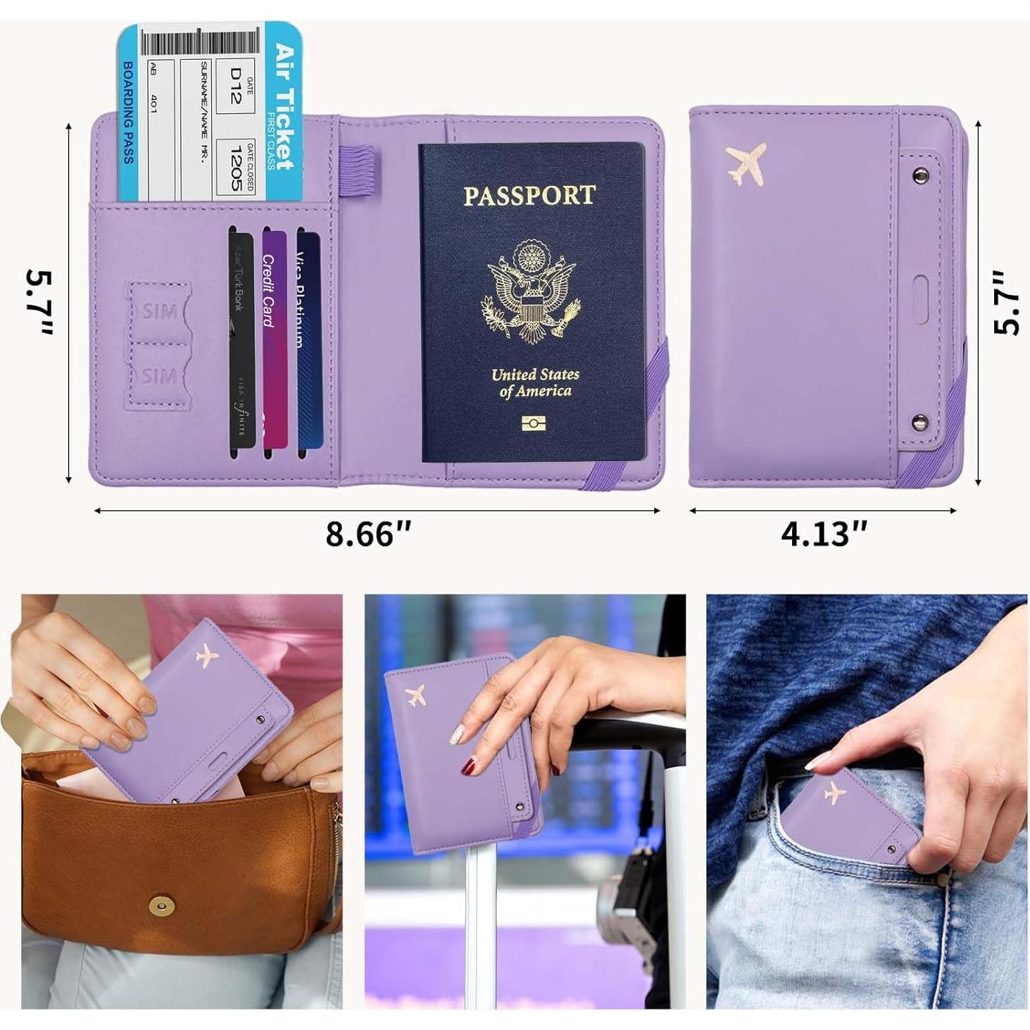 Porta Pasaporte Melsbrinna Morado con Bloqueo RFID y Manga Desmontable