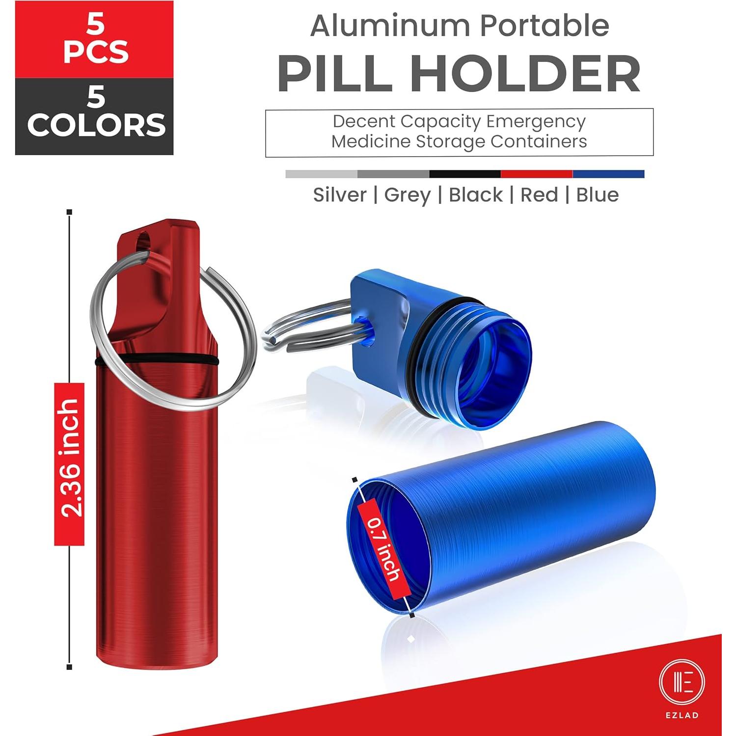 Portapíldoras de Llavero EZLAD - Paquete de 5, Aluminio a Prueba de Agua