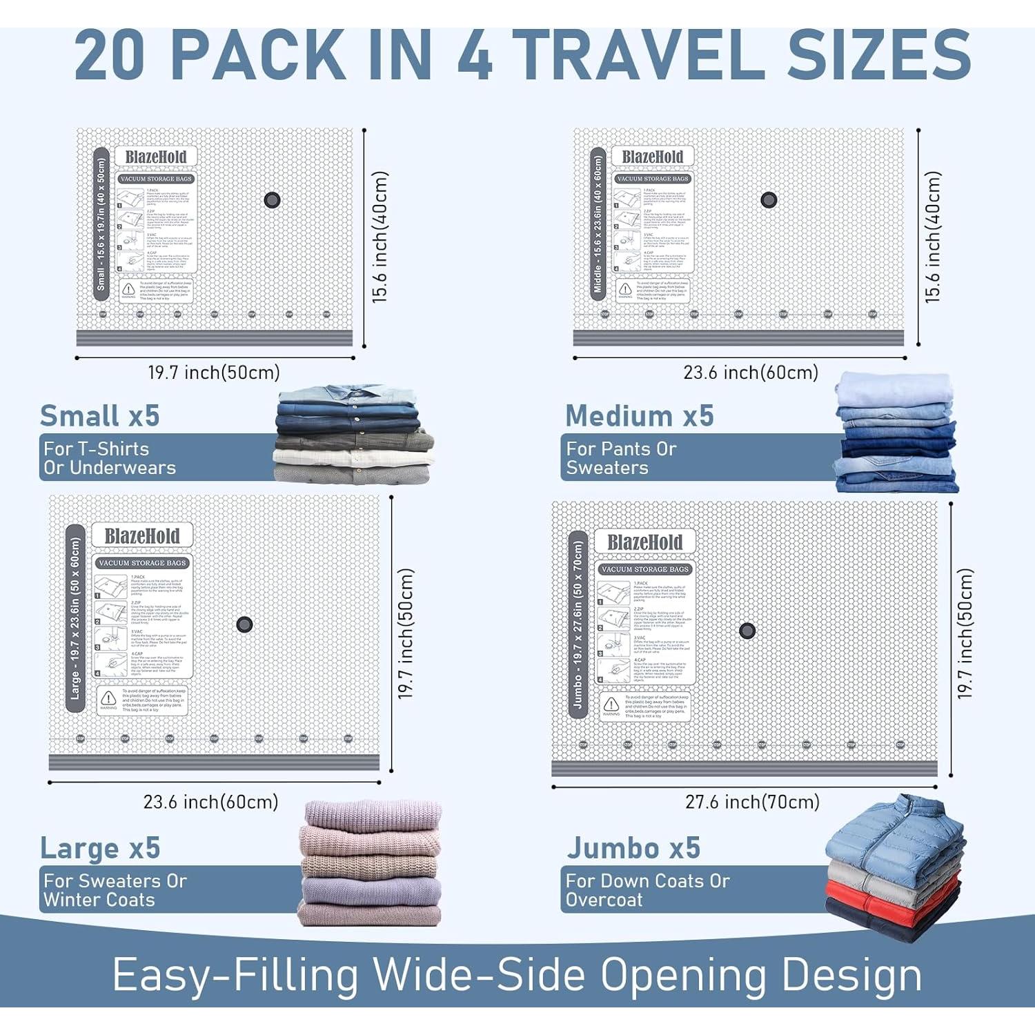 20 Bolsas de Almacenamiento al Vacío BlazeHold con Bomba Eléctrica