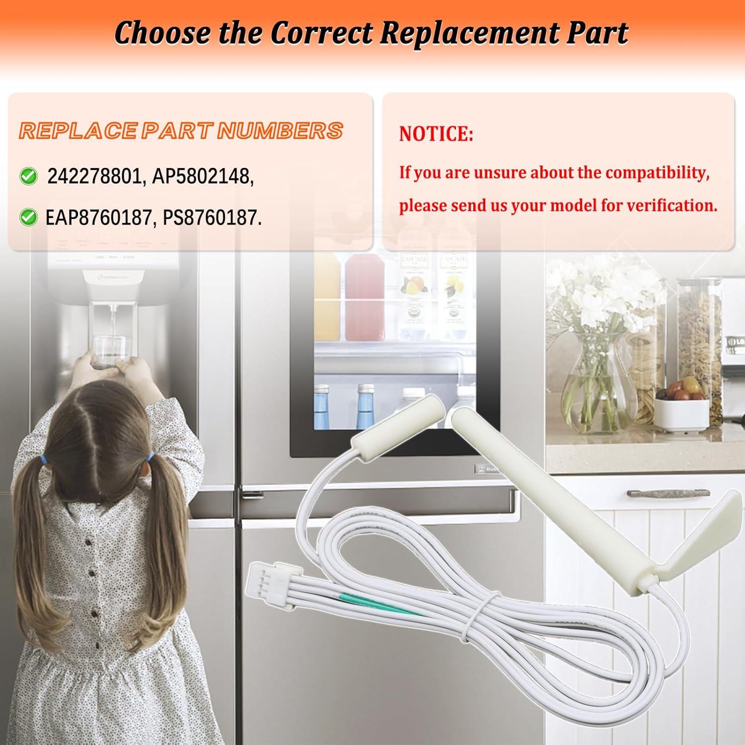 242278801 Refrigerator Thermistor Assembly for Frigidaire Refrigerator Temperature Sensor Replacement Parts AP5802148, EAP8760187, PS8760187