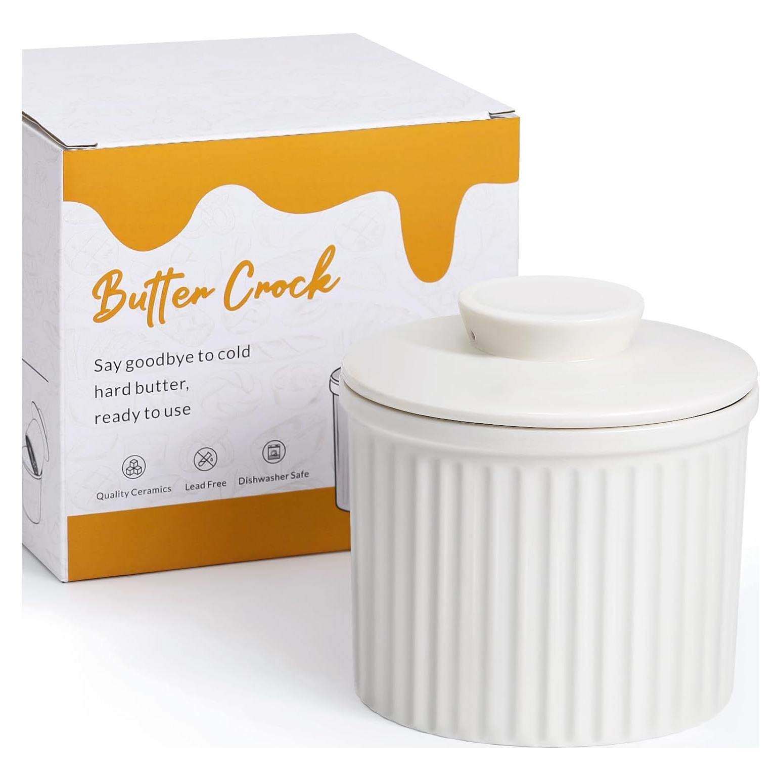 Crock de Mantequilla Cerámica Blanco 226.8g con Sello de Agua
