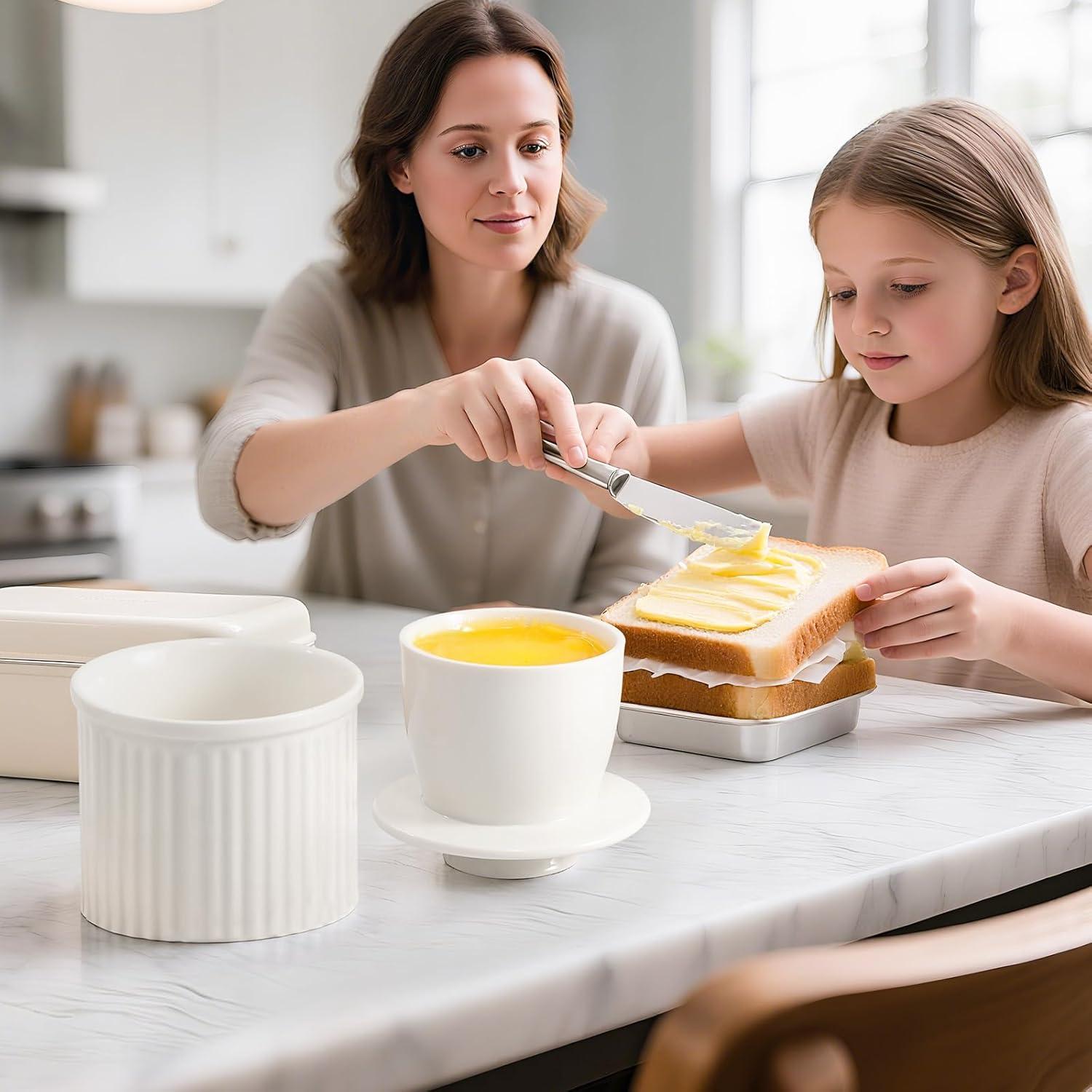 Crock de Mantequilla Cerámica Blanco 226.8g con Sello de Agua