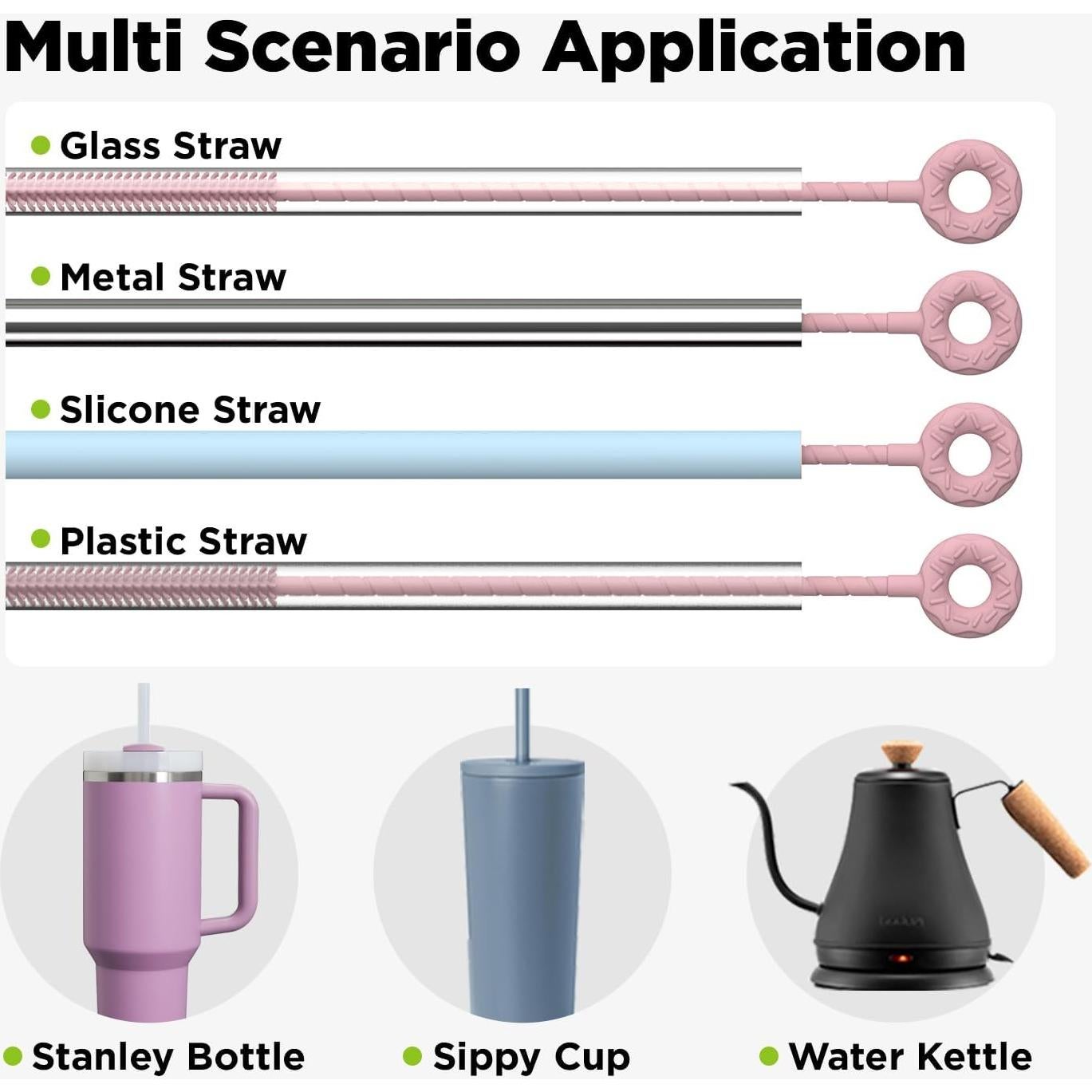 Cepillo Limpiador de Pajitas VOGOGE 2 Pcs Silicona Rosa 6mm 9mm