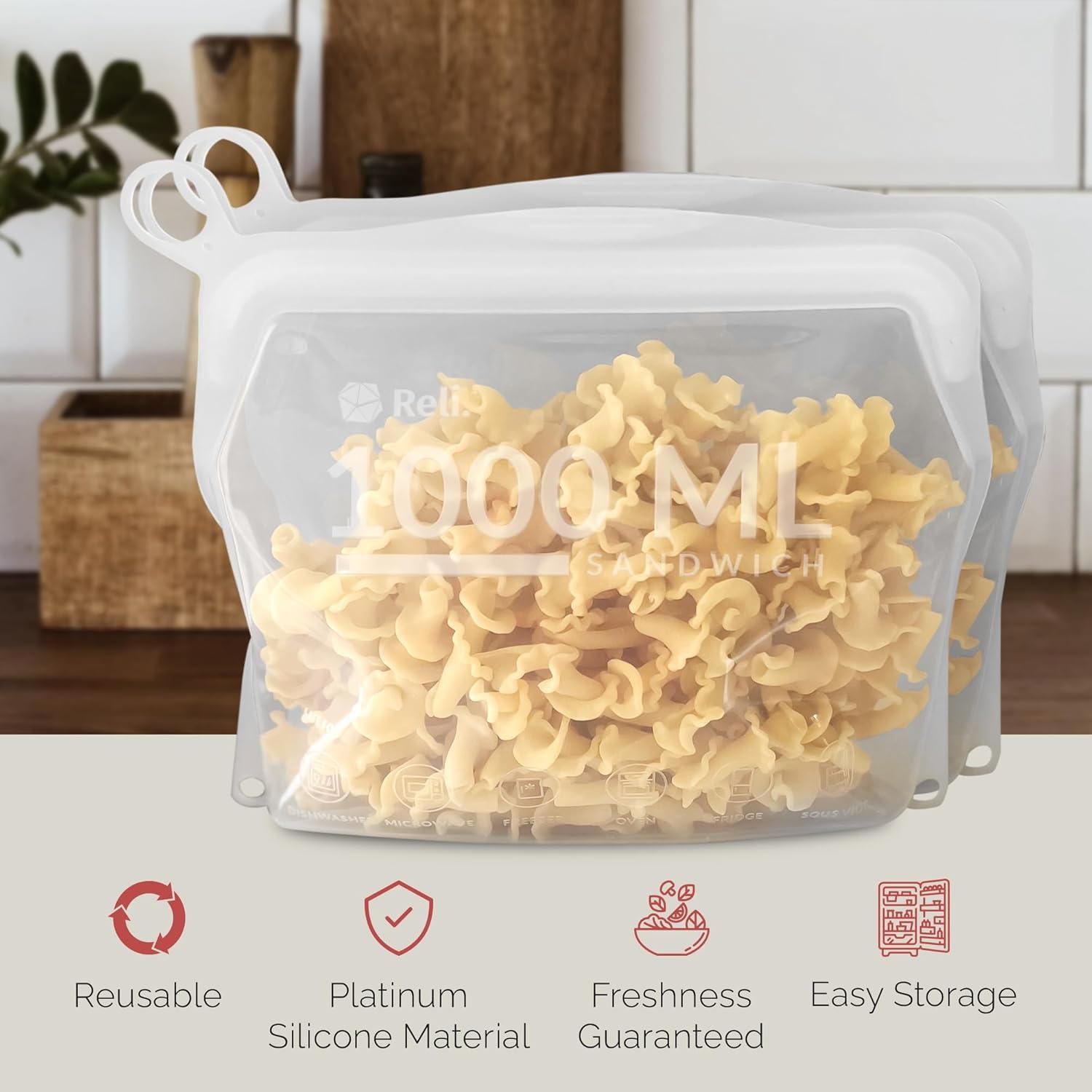 Bolsas de Silicona Reutilizables Reli. 1000ml, 2 Paquete, Transparente