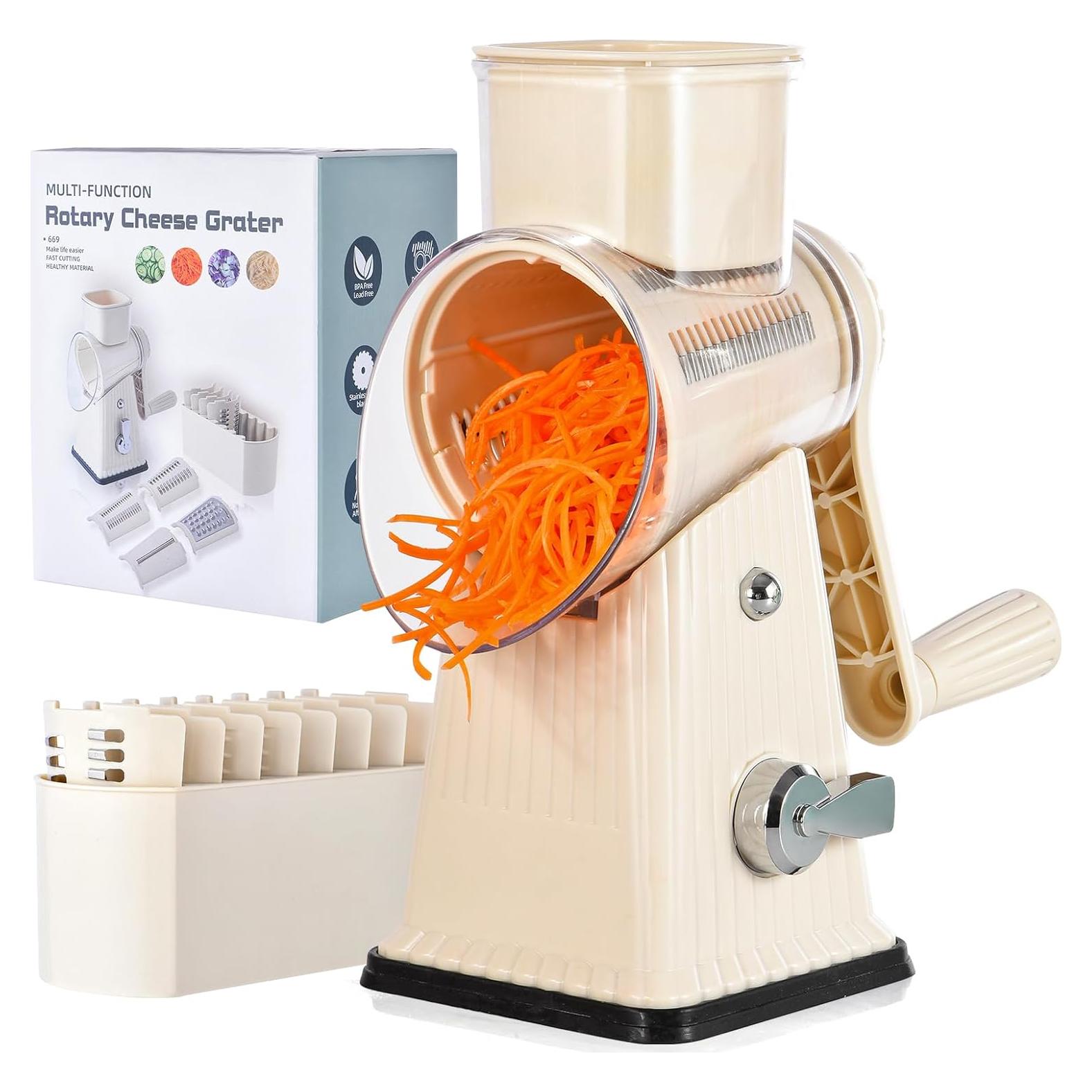 Rallador de Queso Rotativo Ziweaye 5 en 1 Blanco Acero Inoxidable