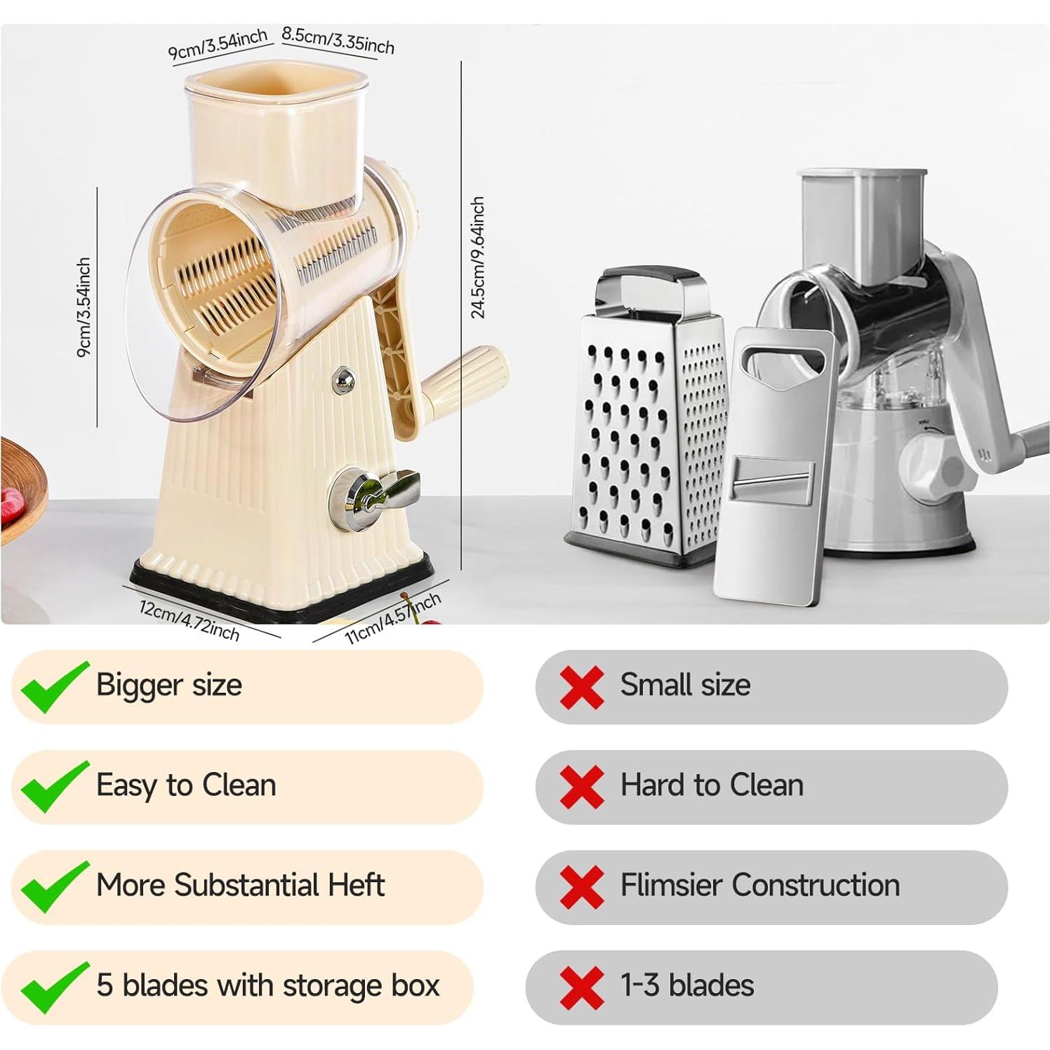 Rallador de Queso Rotativo Ziweaye 5 en 1 Blanco Acero Inoxidable