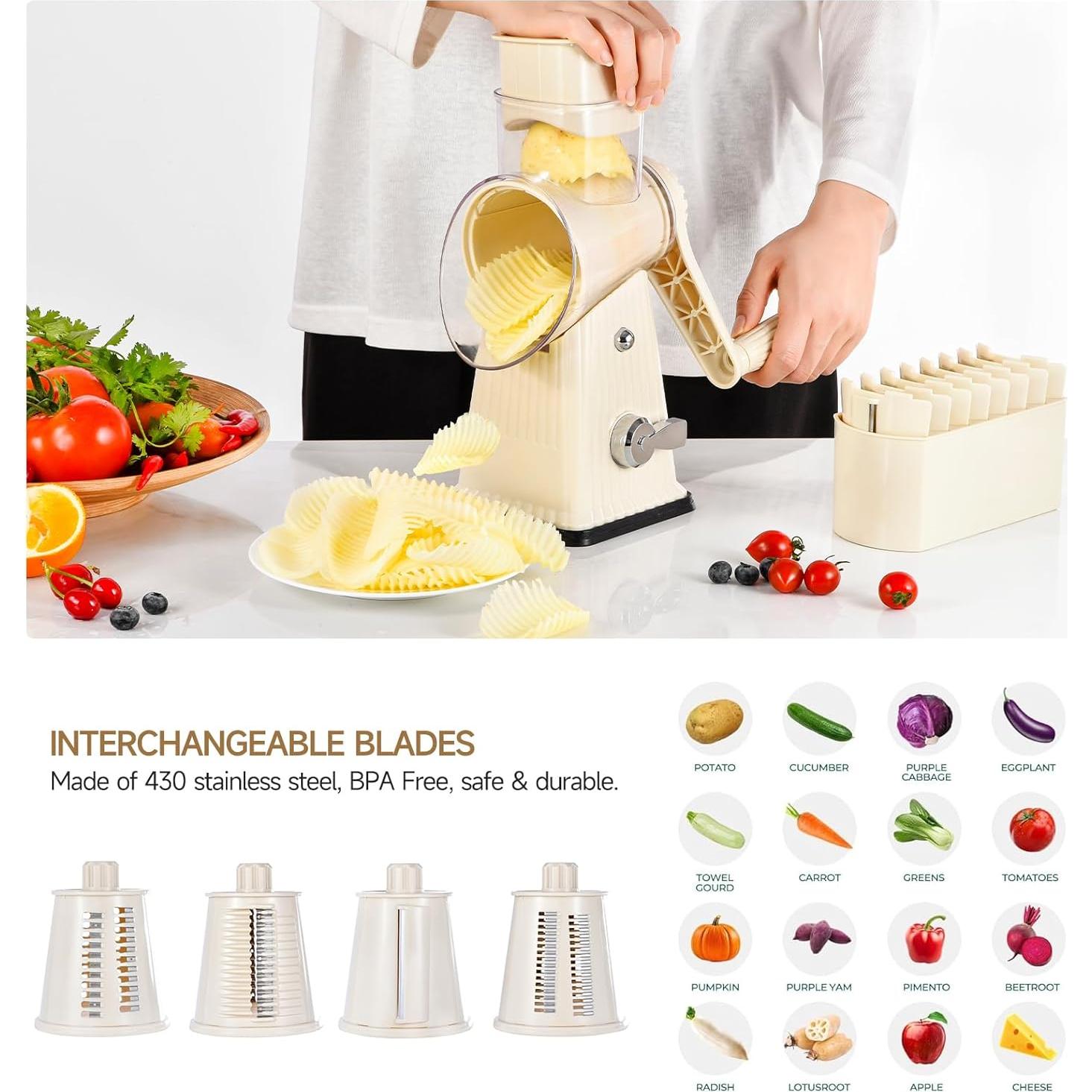 Rallador de Queso Rotativo Ziweaye 5 en 1 Blanco Acero Inoxidable