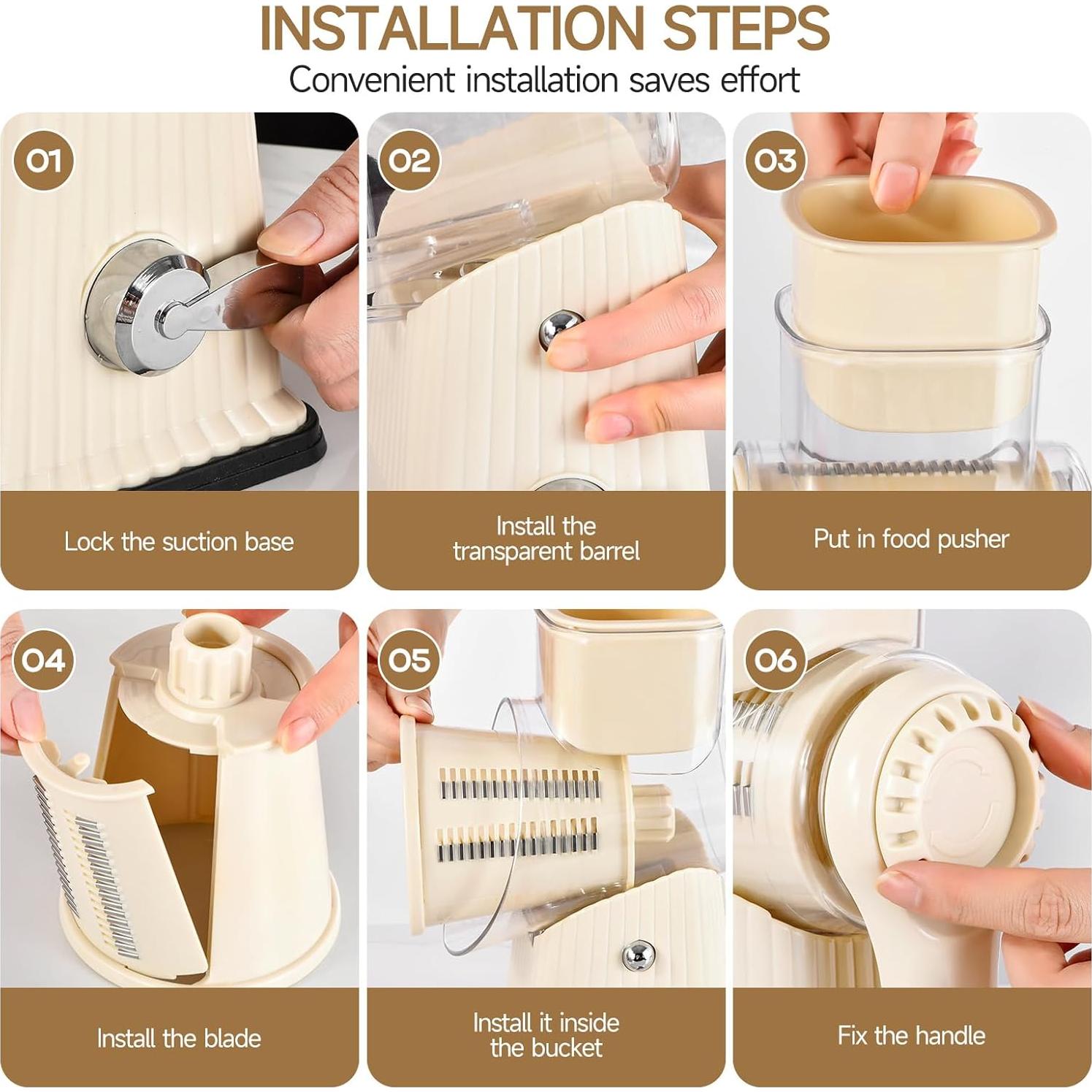 Rallador de Queso Rotativo Ziweaye 5 en 1 Blanco Acero Inoxidable