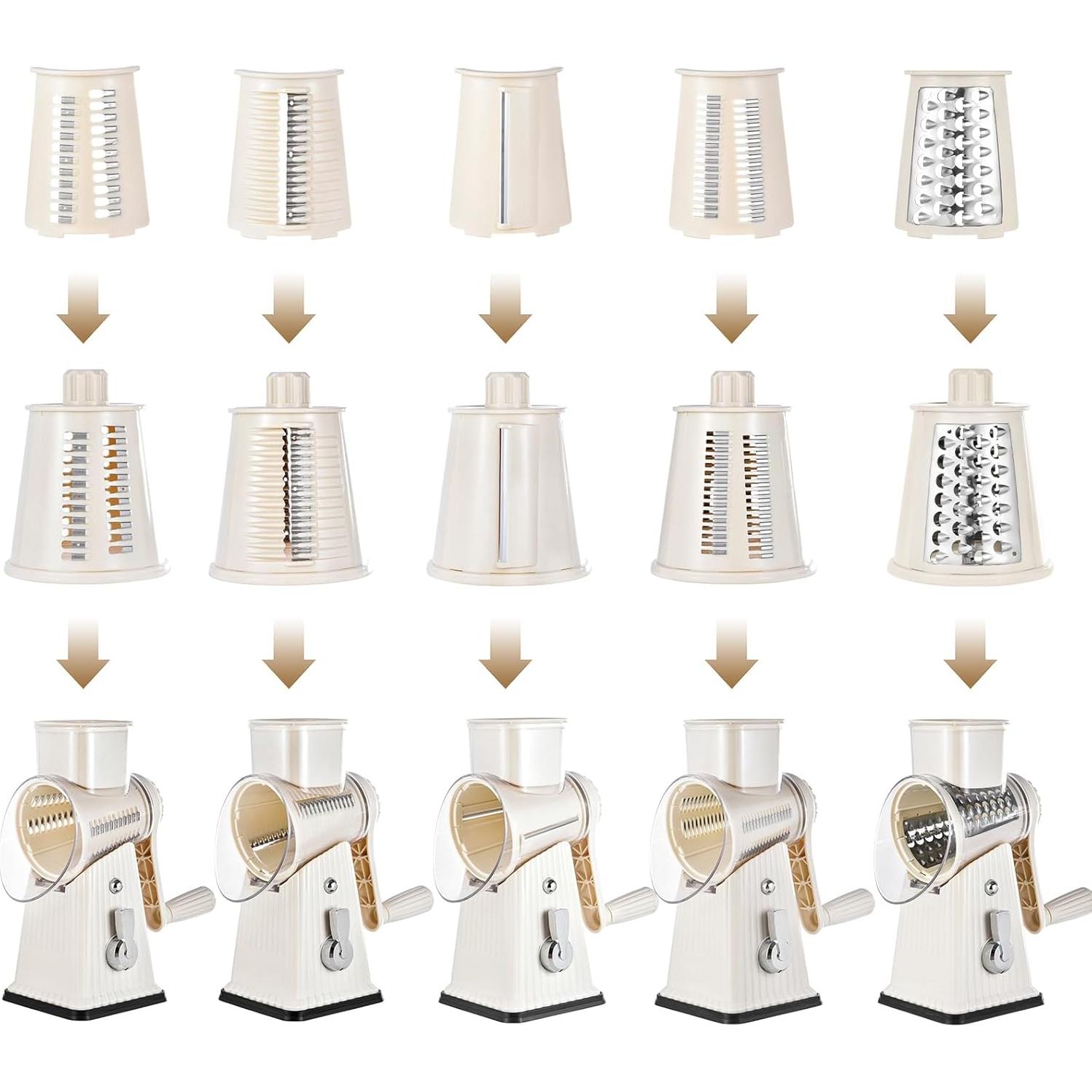 Rallador de Queso Rotativo Ziweaye 5 en 1 Blanco Acero Inoxidable