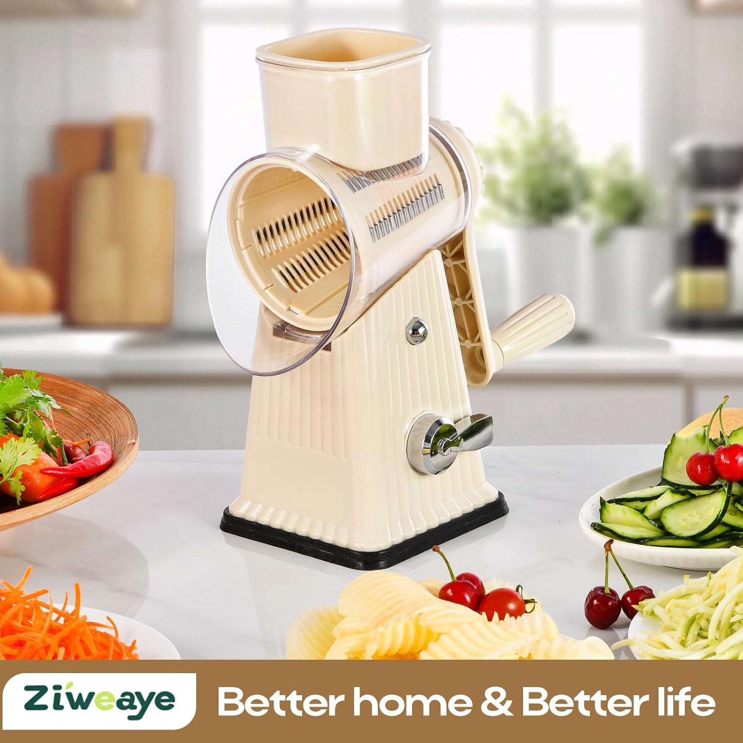 Rallador de Queso Rotativo Ziweaye 5 en 1 Blanco Acero Inoxidable