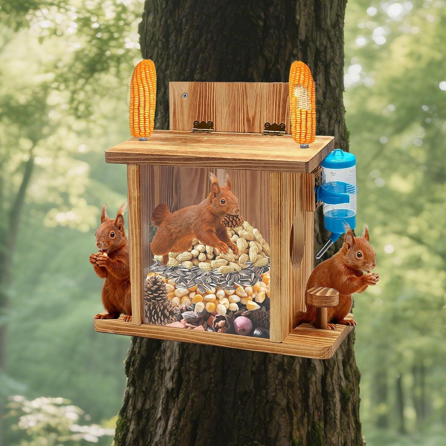 Comedero para Ardillas de Madera Yaovia con Dispensador de Agua