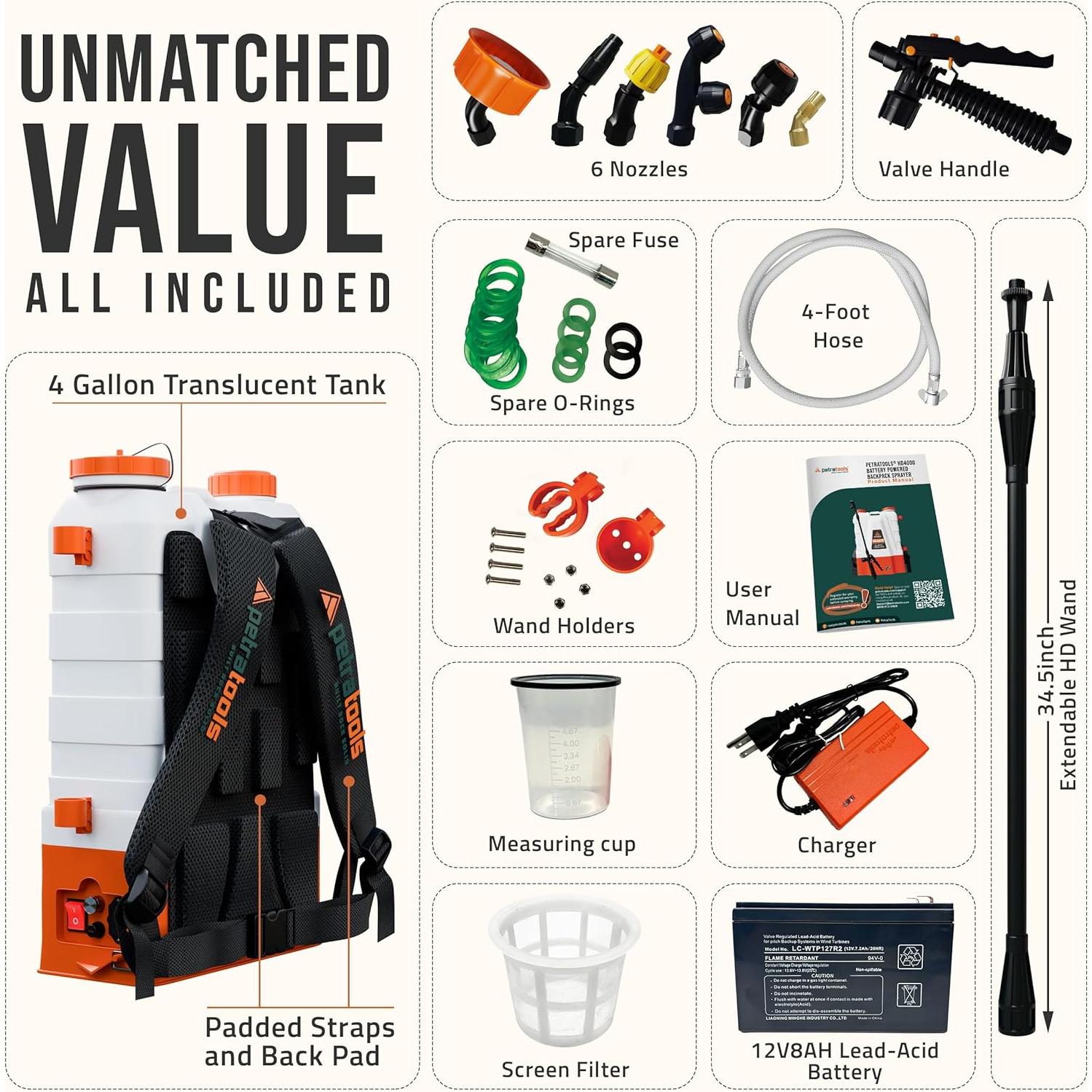 Pulverizador de Mochila Eléctrico Petra HD4000 4 Galones 6 Horas