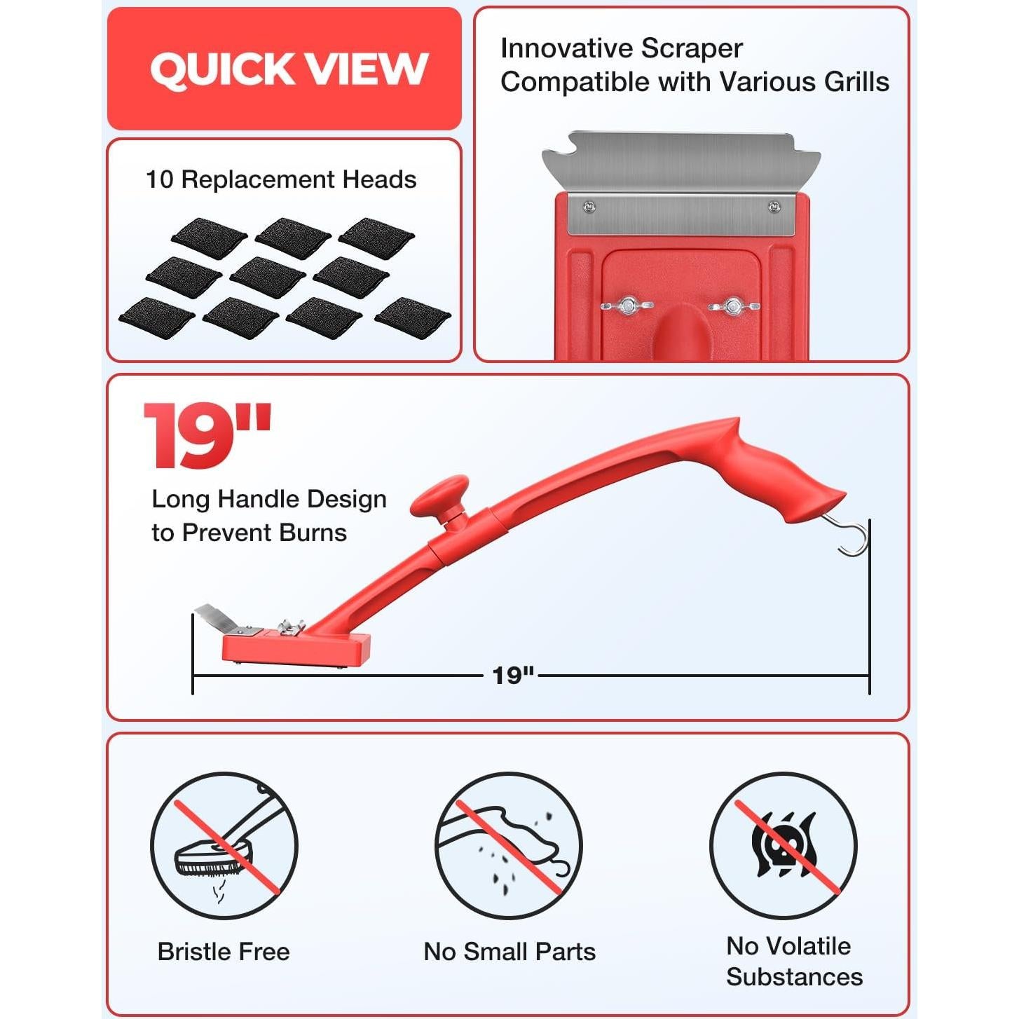 Cepillo de Parrilla Bagrox con 10 Cabezas de Repuesto y Raspador