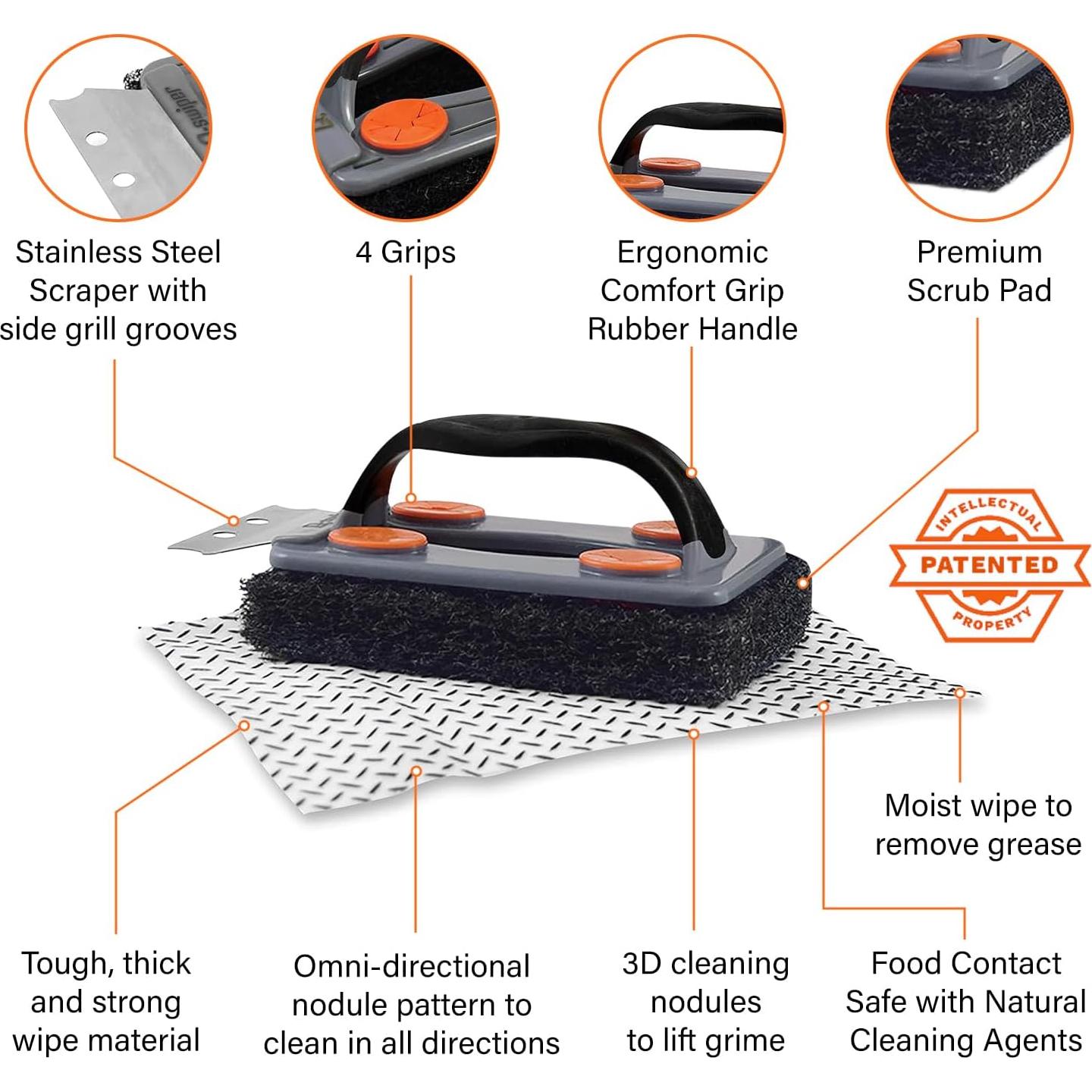 Q-Swiper Juego de Limpiador de Parrilla BBQ - 1 Cepillo y 80 Toallitas