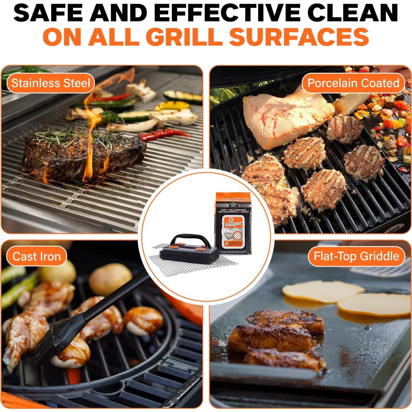 Q-Swiper Juego de Limpiador de Parrilla BBQ - 1 Cepillo y 80 Toallitas