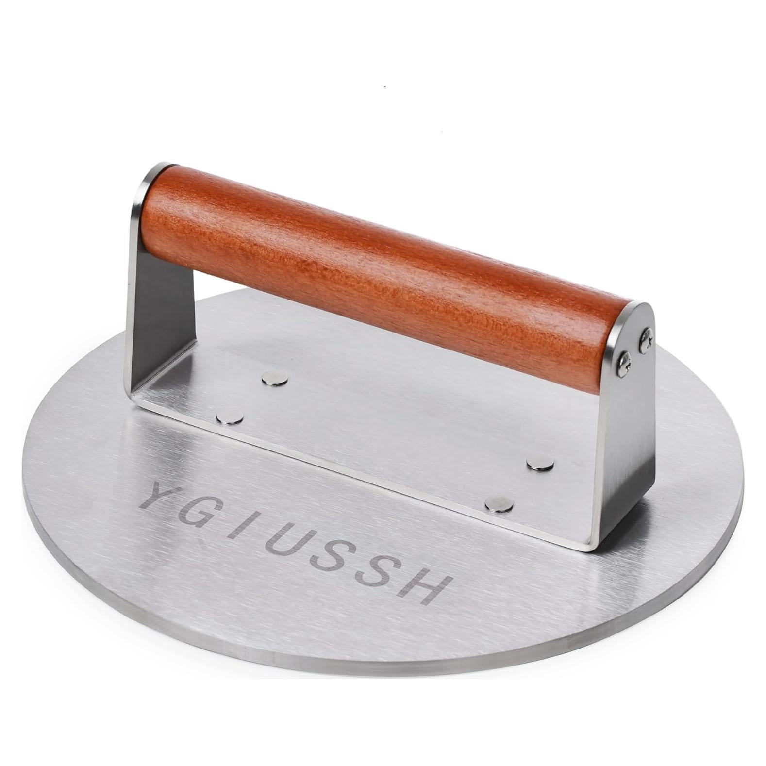 Prensa de Parrilla Acero Inoxidable 22.1 cm con Mango de Madera