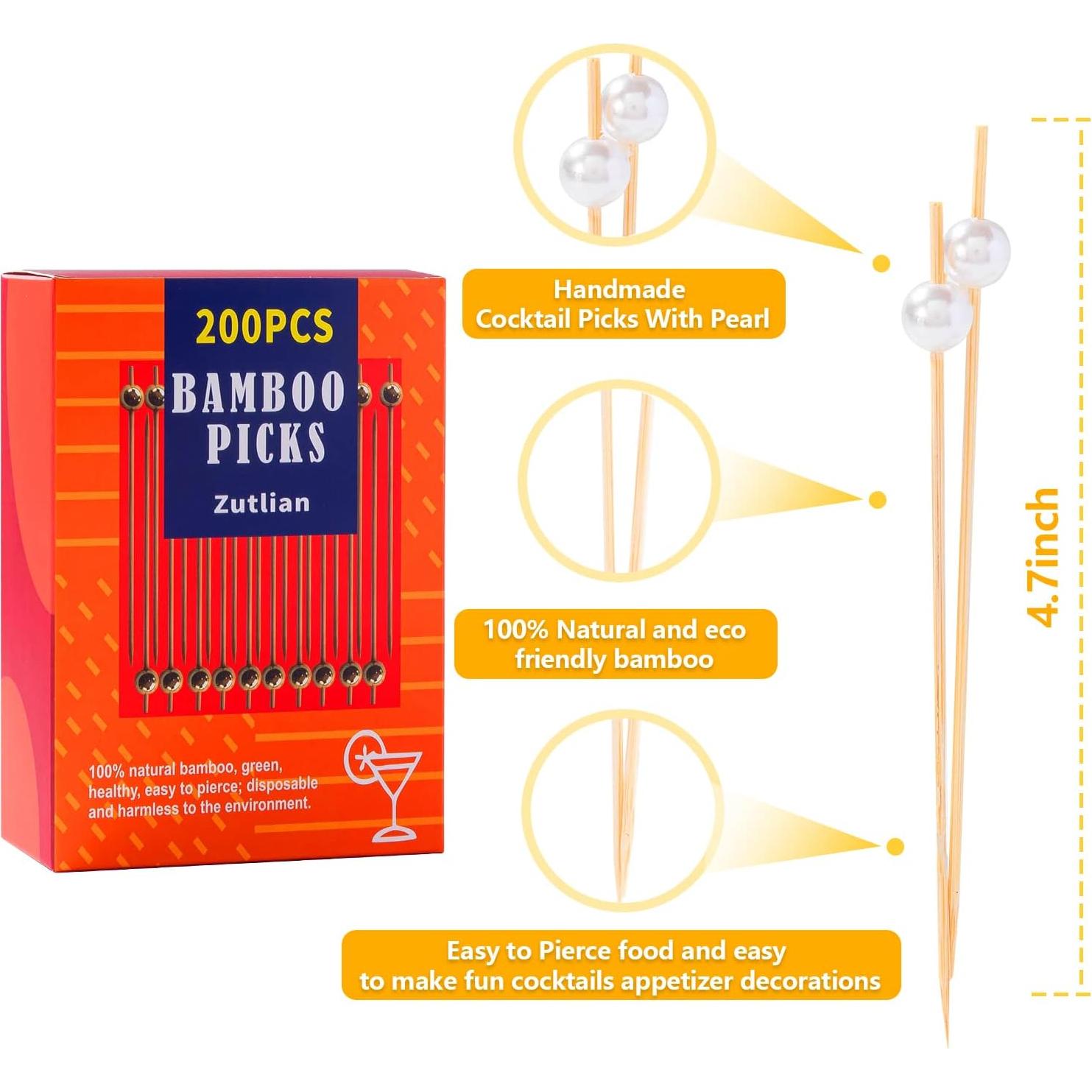 200 Palillos de Cóctel Zutlian de Bambú 12 cm para Aperitivos