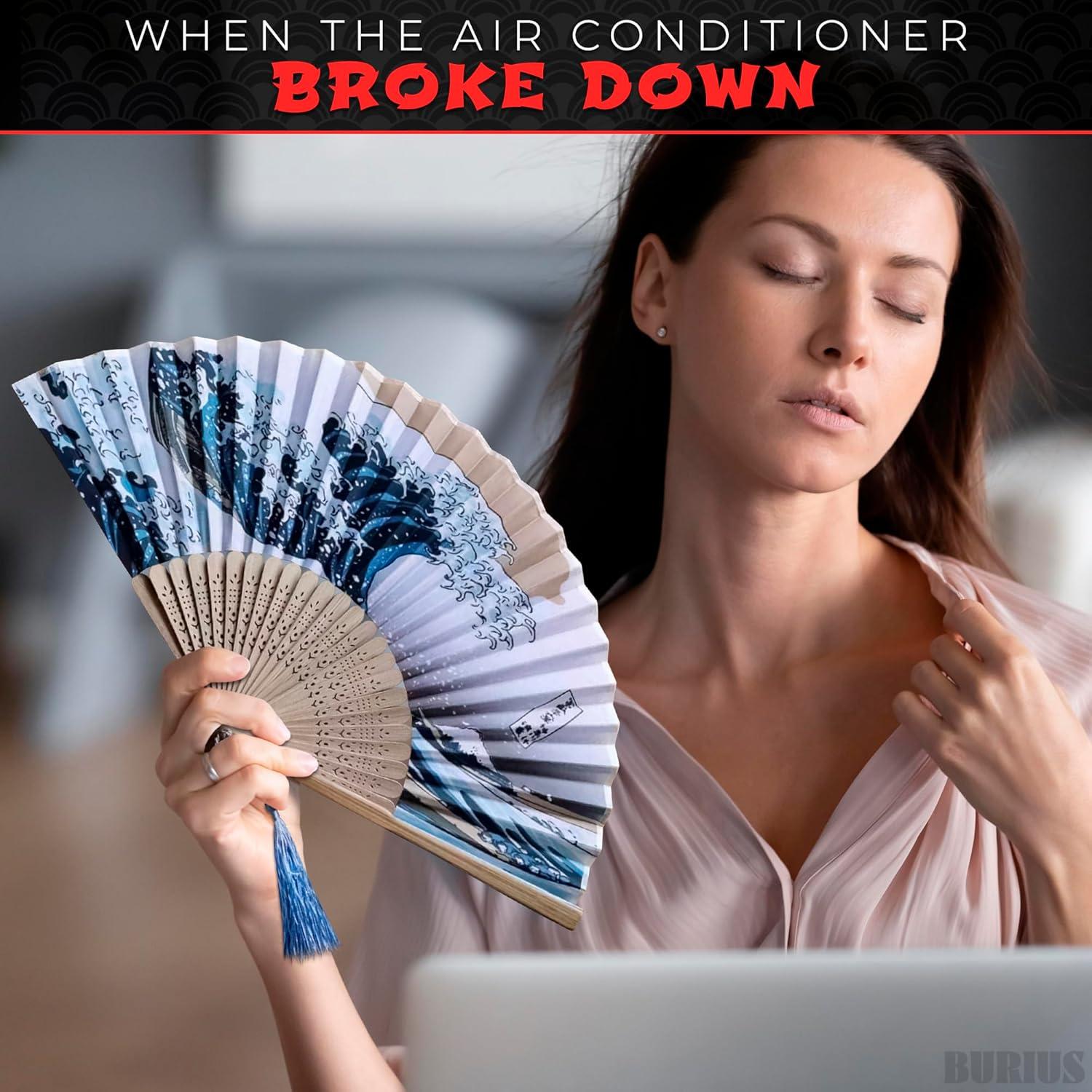 Abanico Plegable de Bambú y Seda BURIUS 20.8 cm Estilo Kanagawa