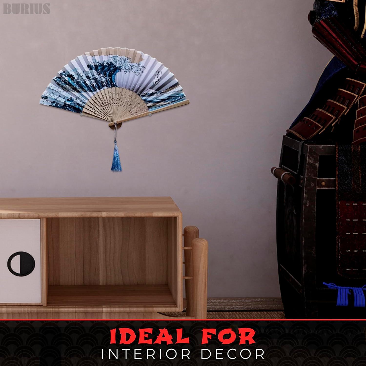 Abanico Plegable de Bambú y Seda BURIUS 20.8 cm Estilo Kanagawa