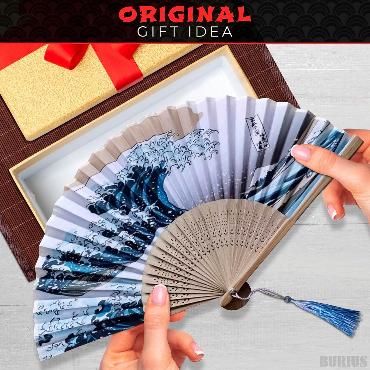 Abanico Plegable de Bambú y Seda BURIUS 20.8 cm Estilo Kanagawa