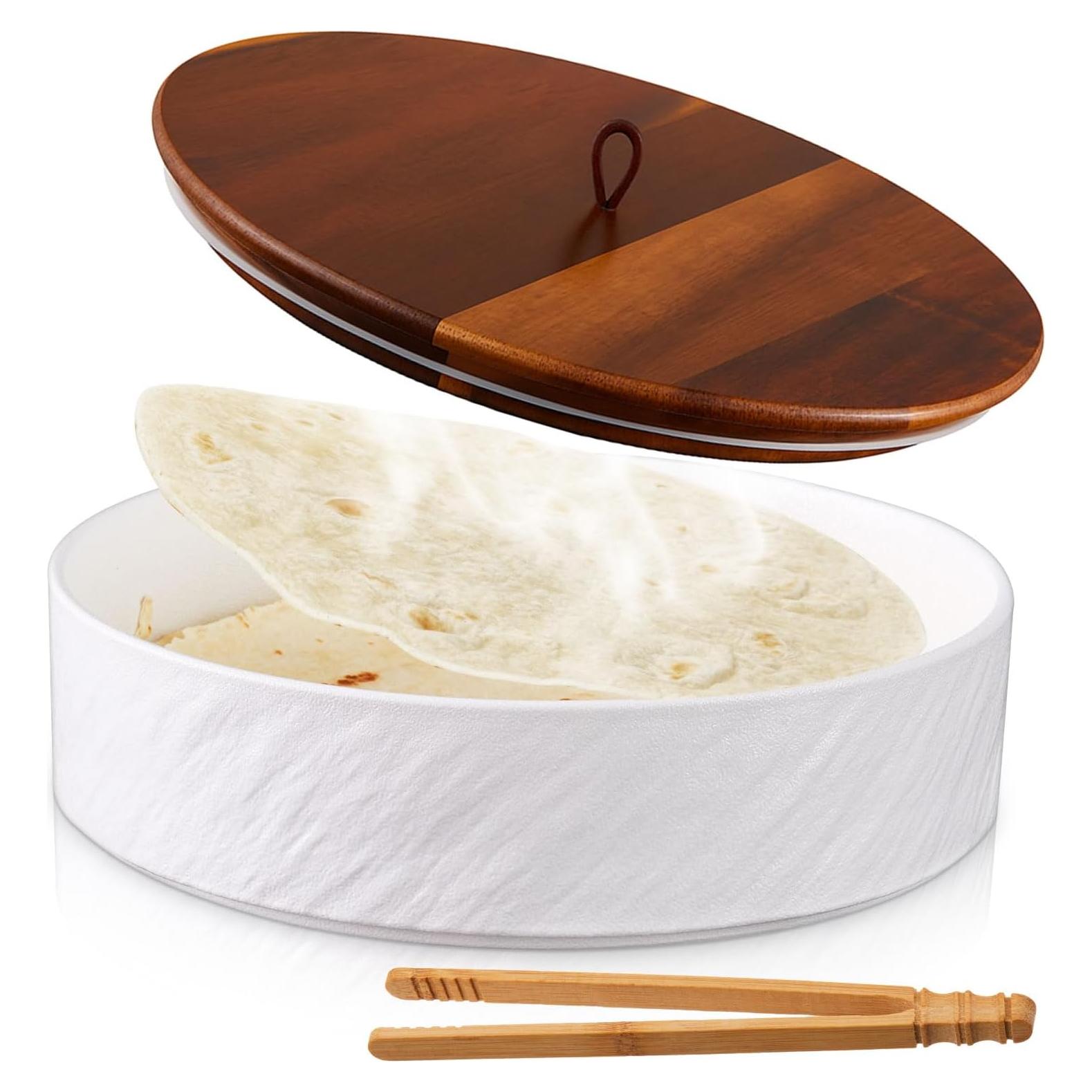 Calentador de Tortillas SiliFine Cerámica 24.89 cm con Tapa de Madera