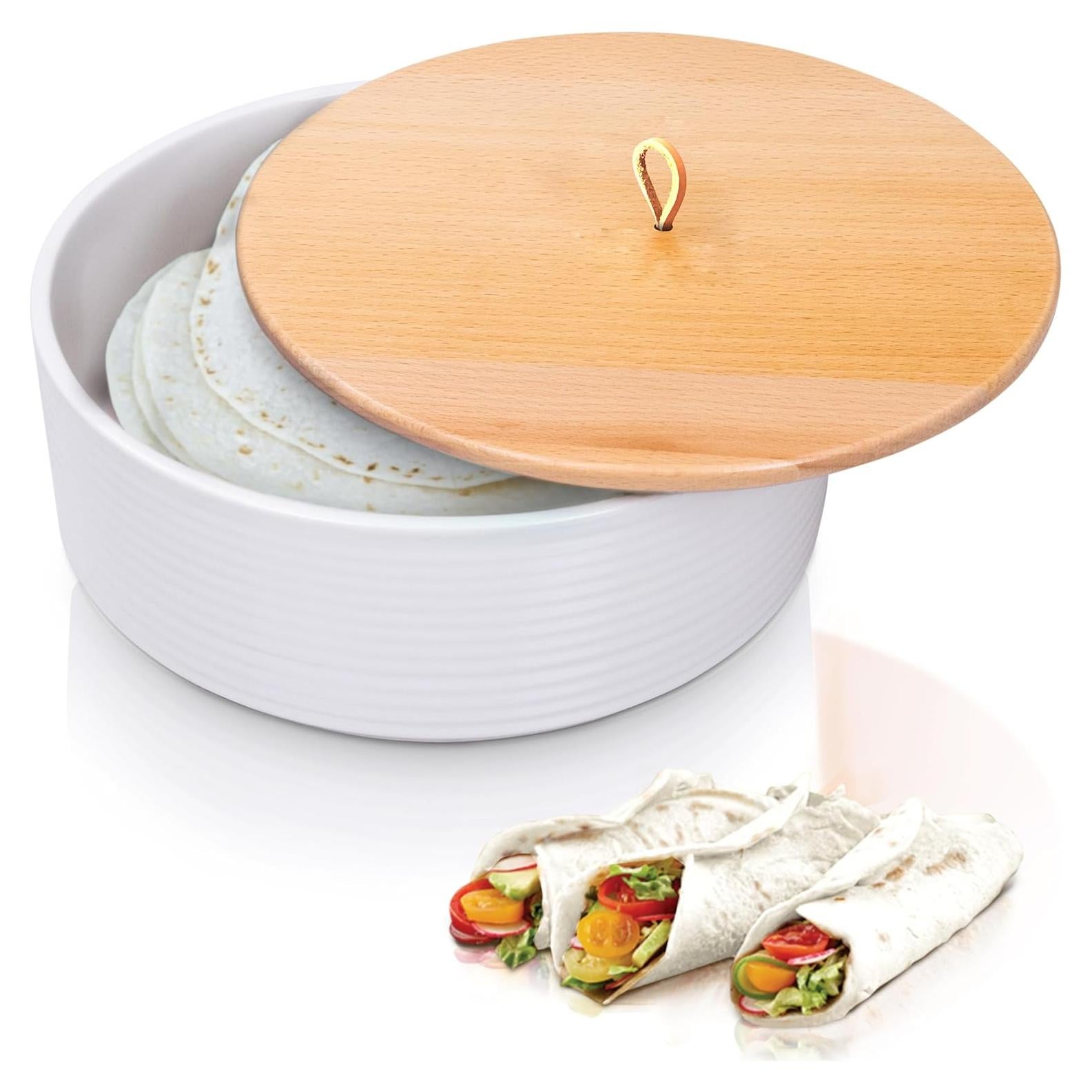 Calentador de Tortillas Cerámica VEBAVO 23 cm con Tapa de Madera