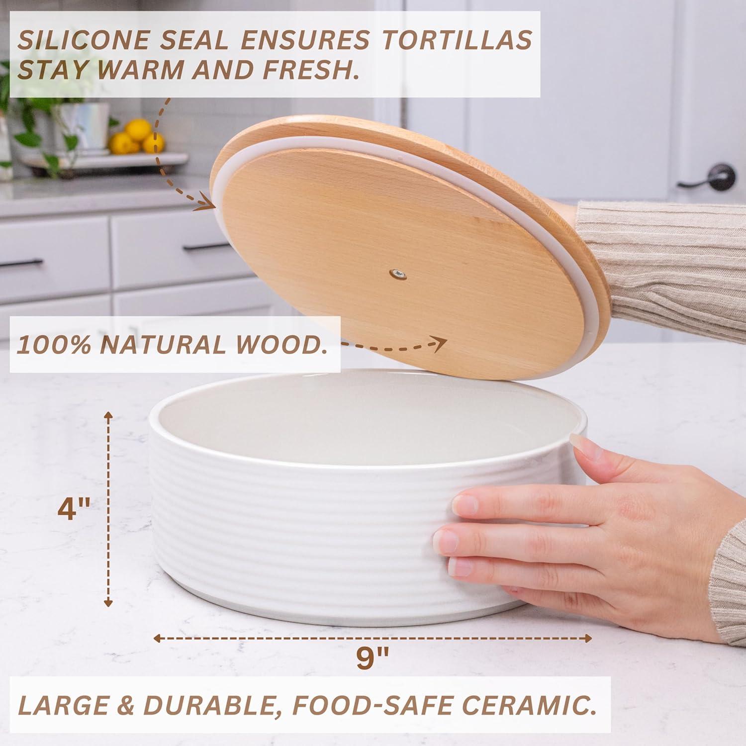 Calentador de Tortillas Cerámica VEBAVO 23 cm con Tapa de Madera