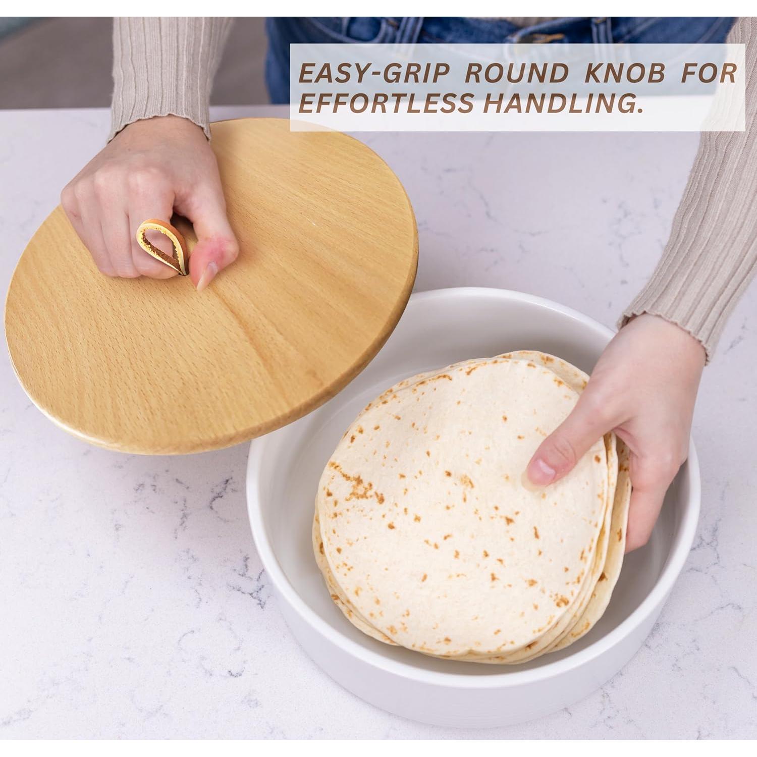 Calentador de Tortillas Cerámica VEBAVO 23 cm con Tapa de Madera