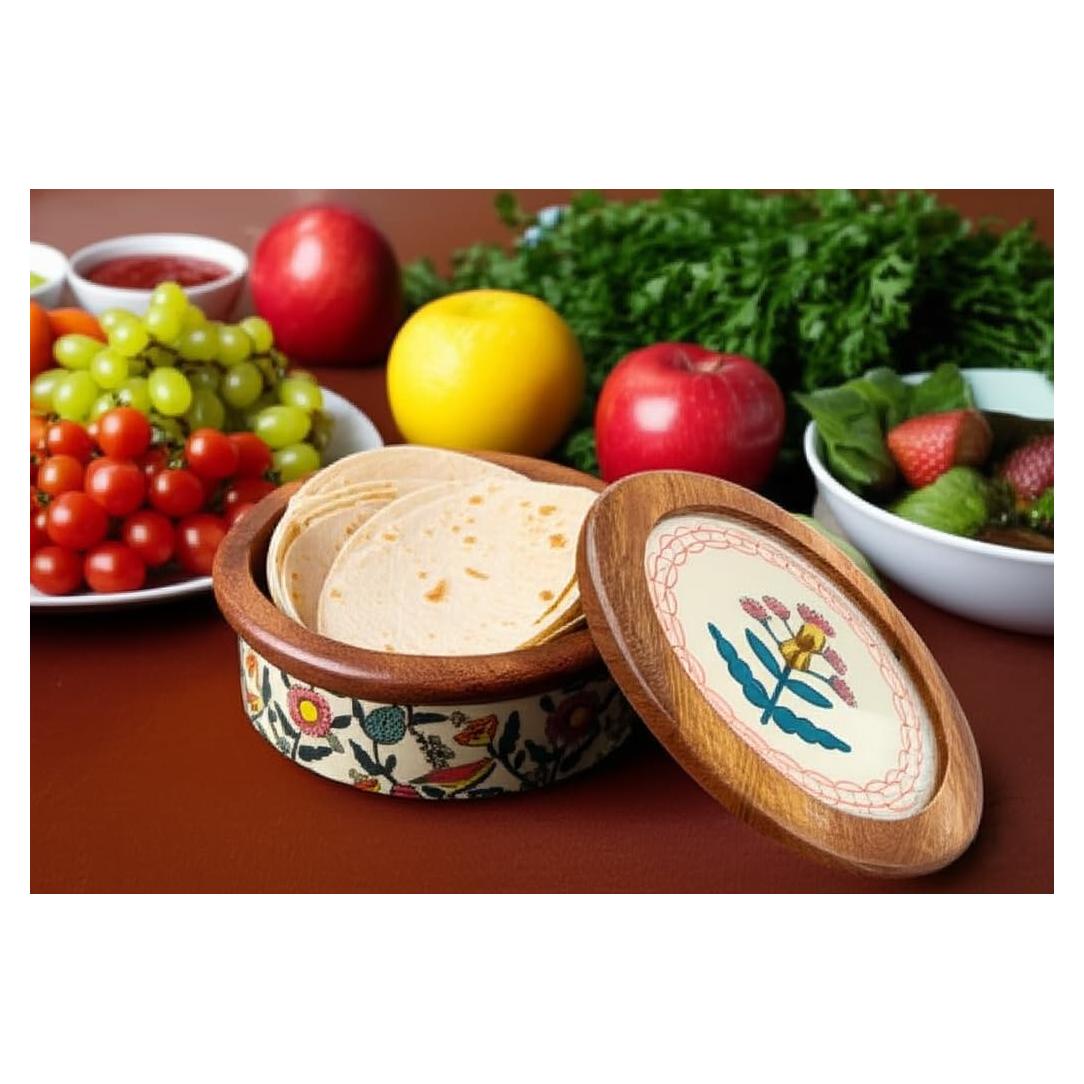 Calentador de Tortillas de Madera Hecho a Mano con Tapa Floral