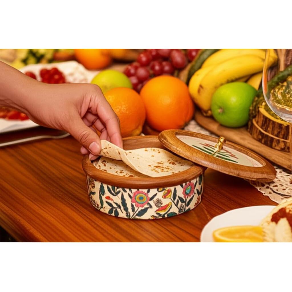 Calentador de Tortillas de Madera Hecho a Mano con Tapa Floral