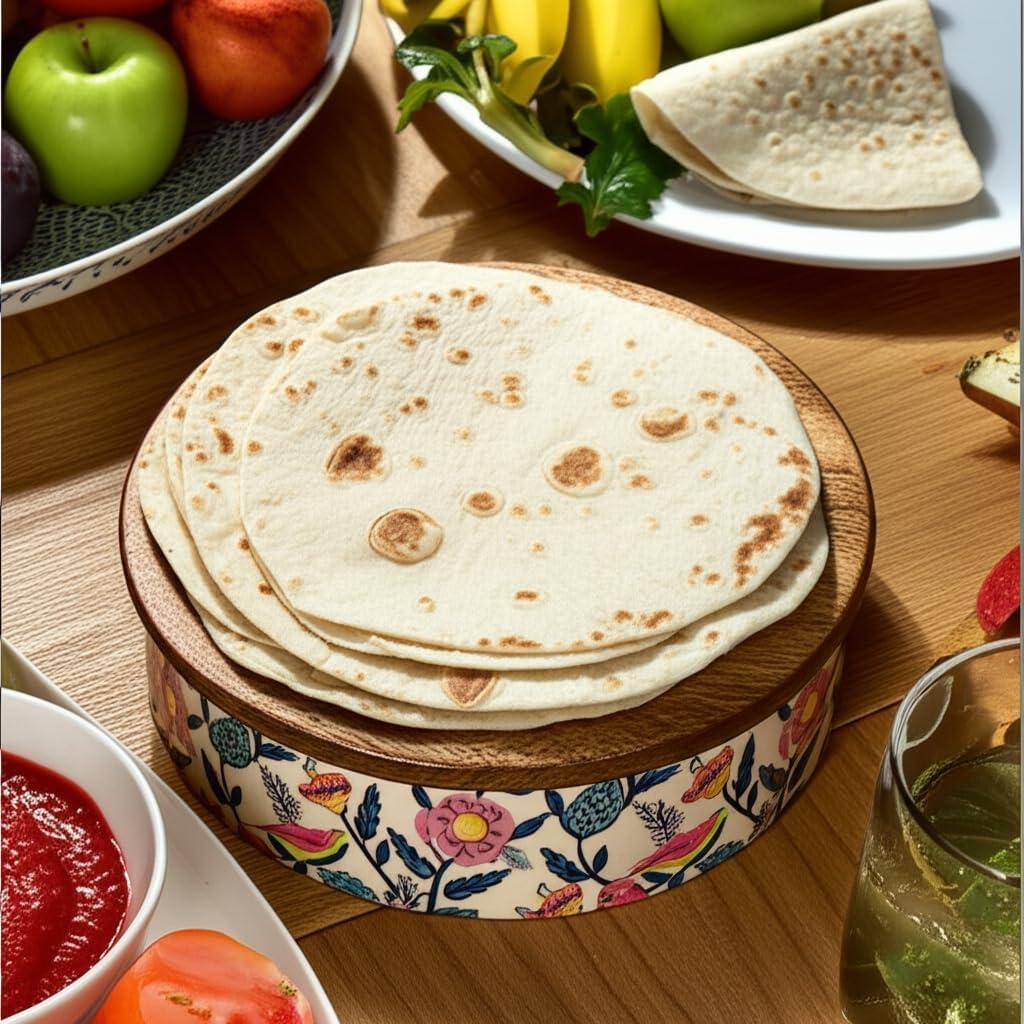 Calentador de Tortillas de Madera Hecho a Mano con Tapa Floral