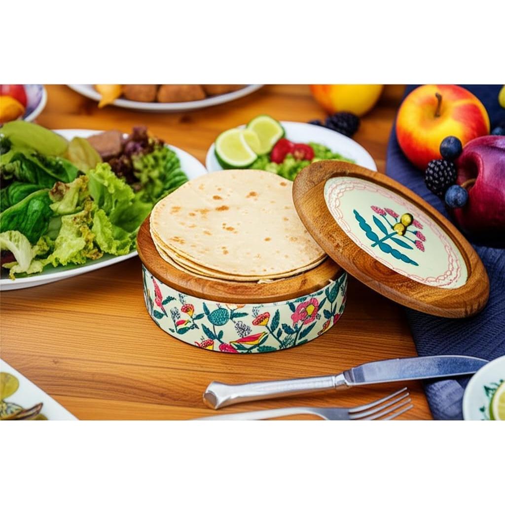 Calentador de Tortillas de Madera Hecho a Mano con Tapa Floral