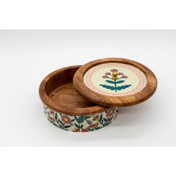 Calentador de Tortillas de Madera Hecho a Mano con Tapa Floral