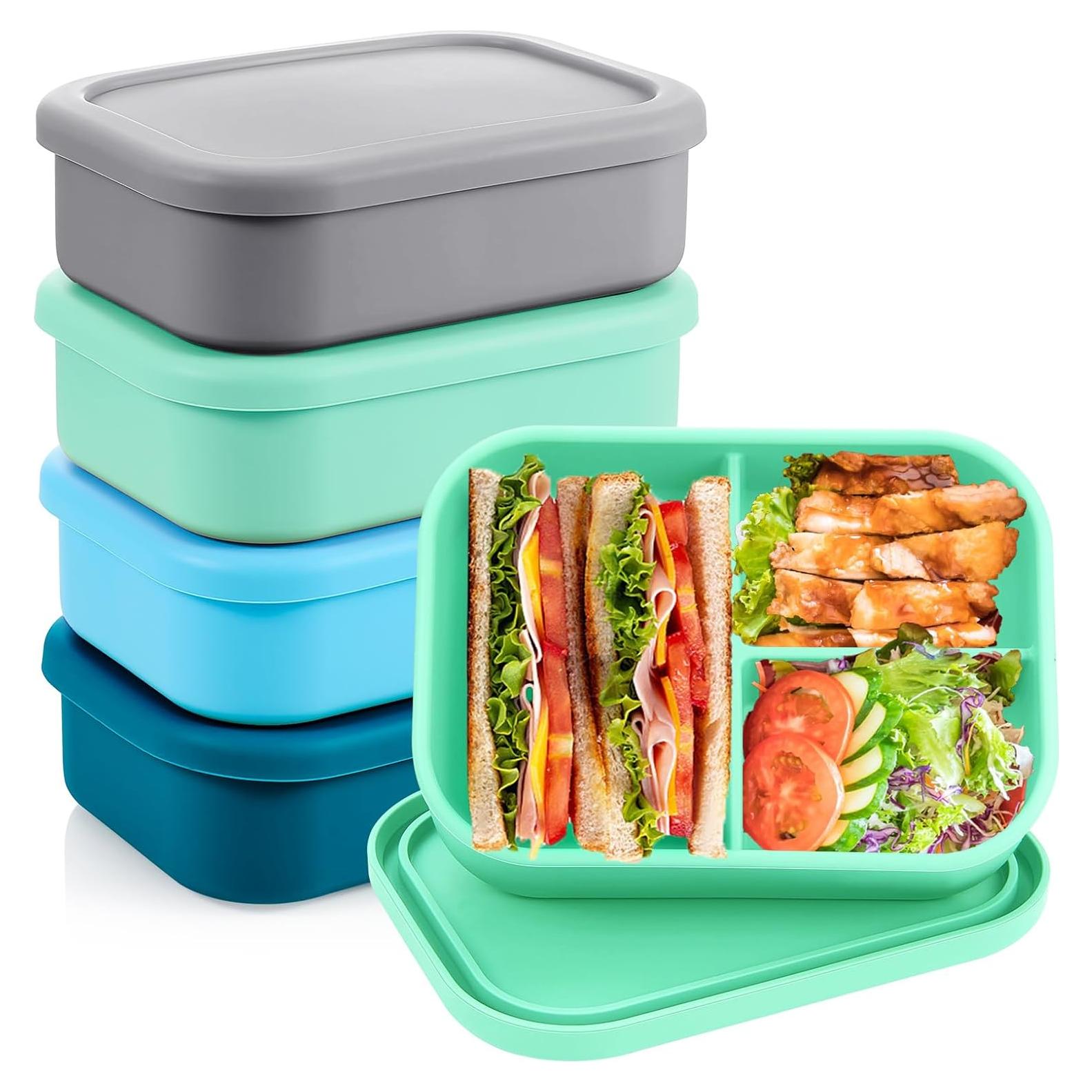 Cajas Bento de Silicona Reutilizables Layhit - 4 Pcs, 3 Compartimentos