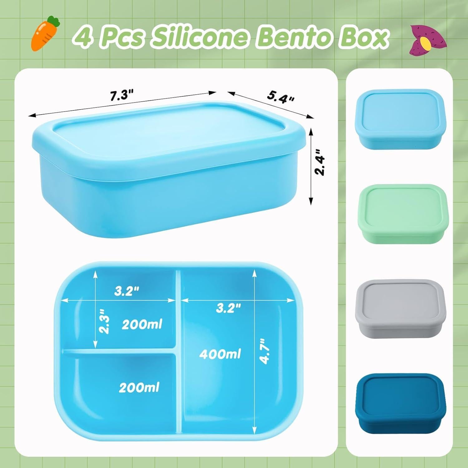 Cajas Bento de Silicona Reutilizables Layhit - 4 Pcs, 3 Compartimentos