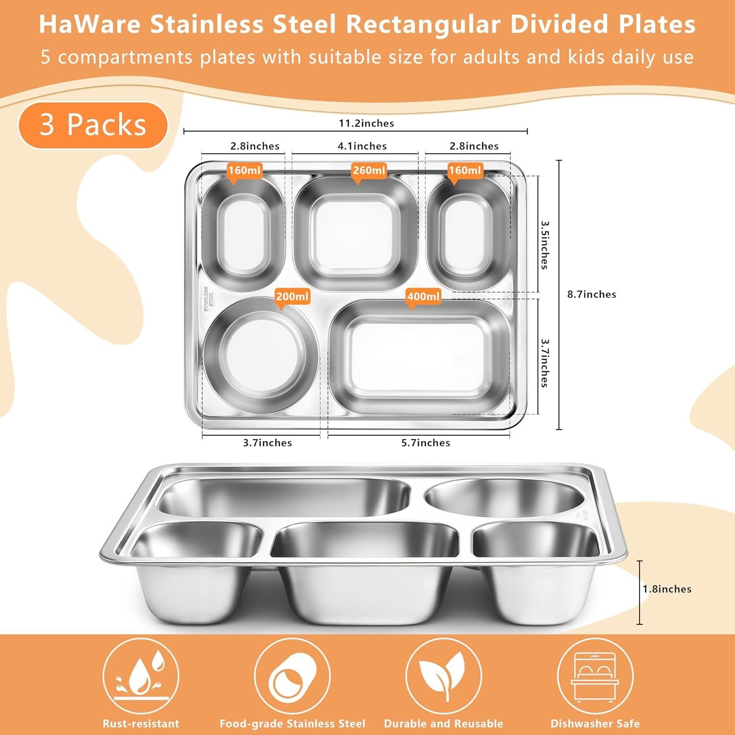 Platos Divididos de Acero Inoxidable HaWare 3PCS 5 Compartimentos
