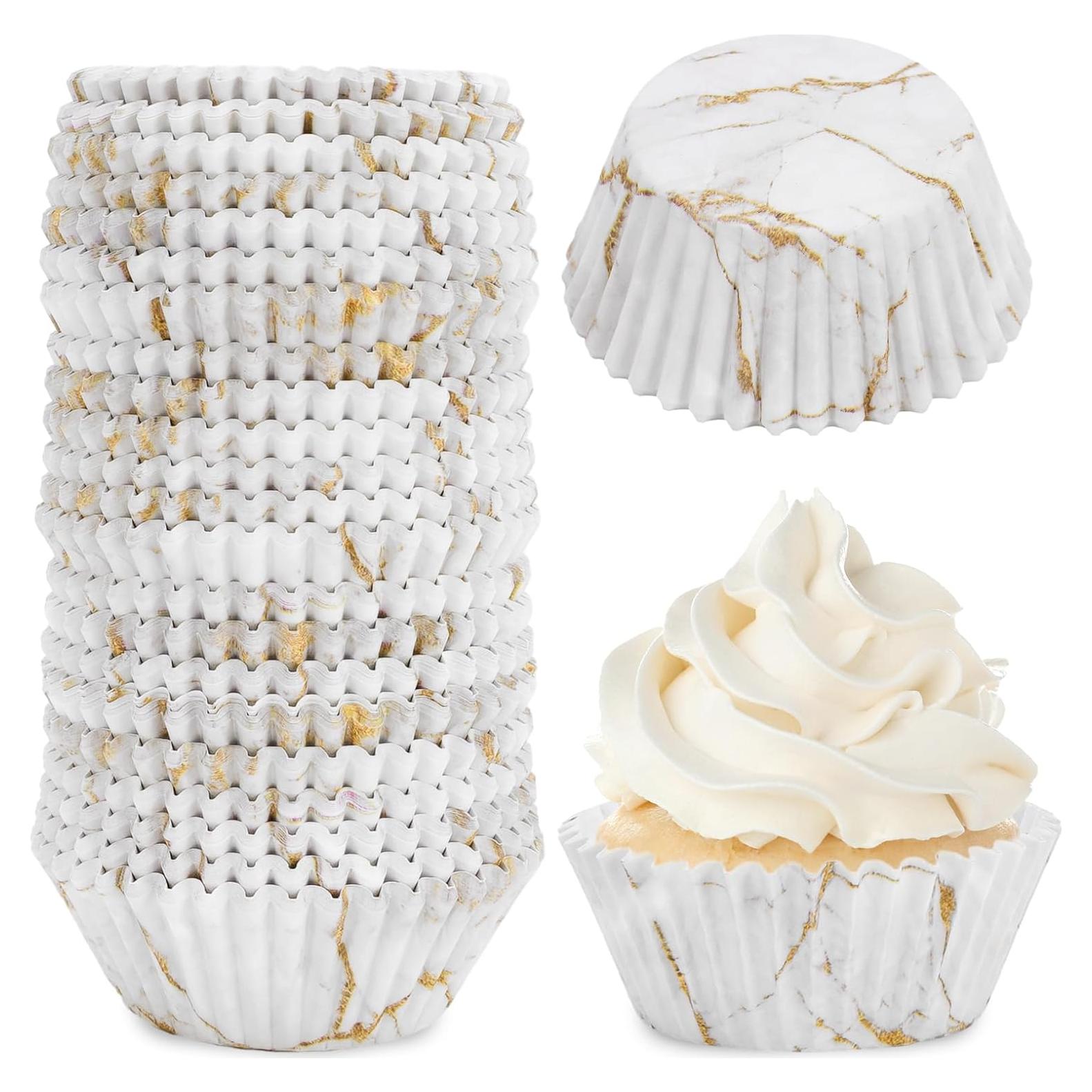 600 Forros de Cupcake Desechables Mármol Blanco y Dorado 5x3cm