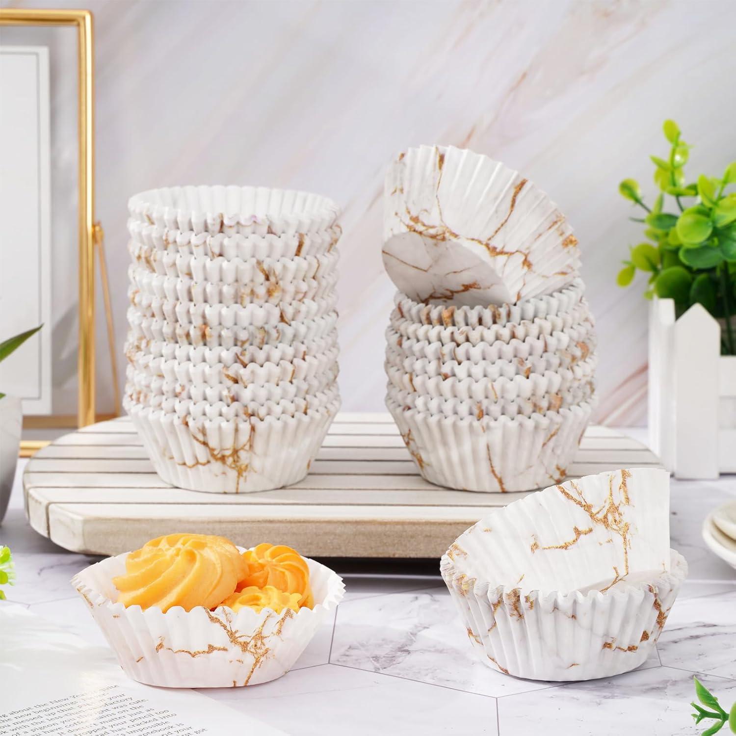 600 Forros de Cupcake Desechables Mármol Blanco y Dorado 5x3cm