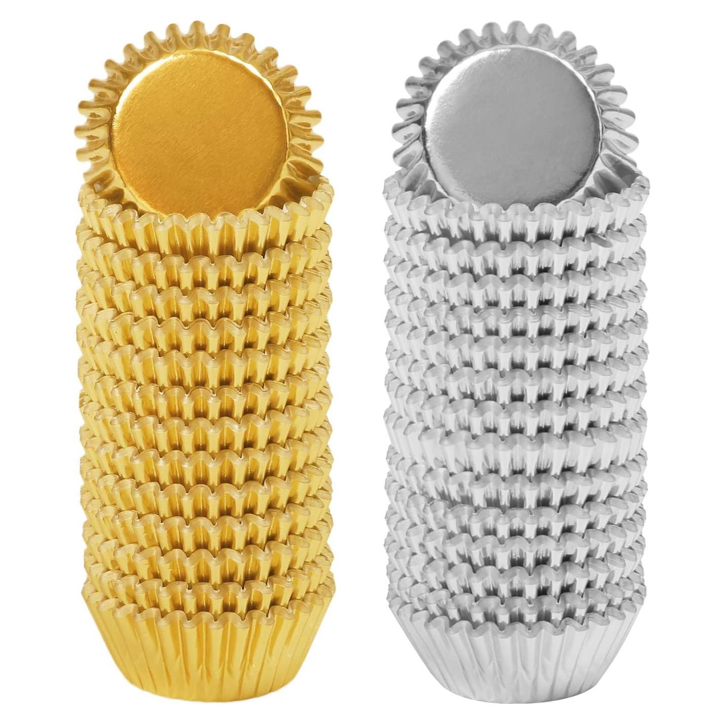 Elcoho 600 Mini Forros Metálicos para Cupcakes Dorado y Plateado
