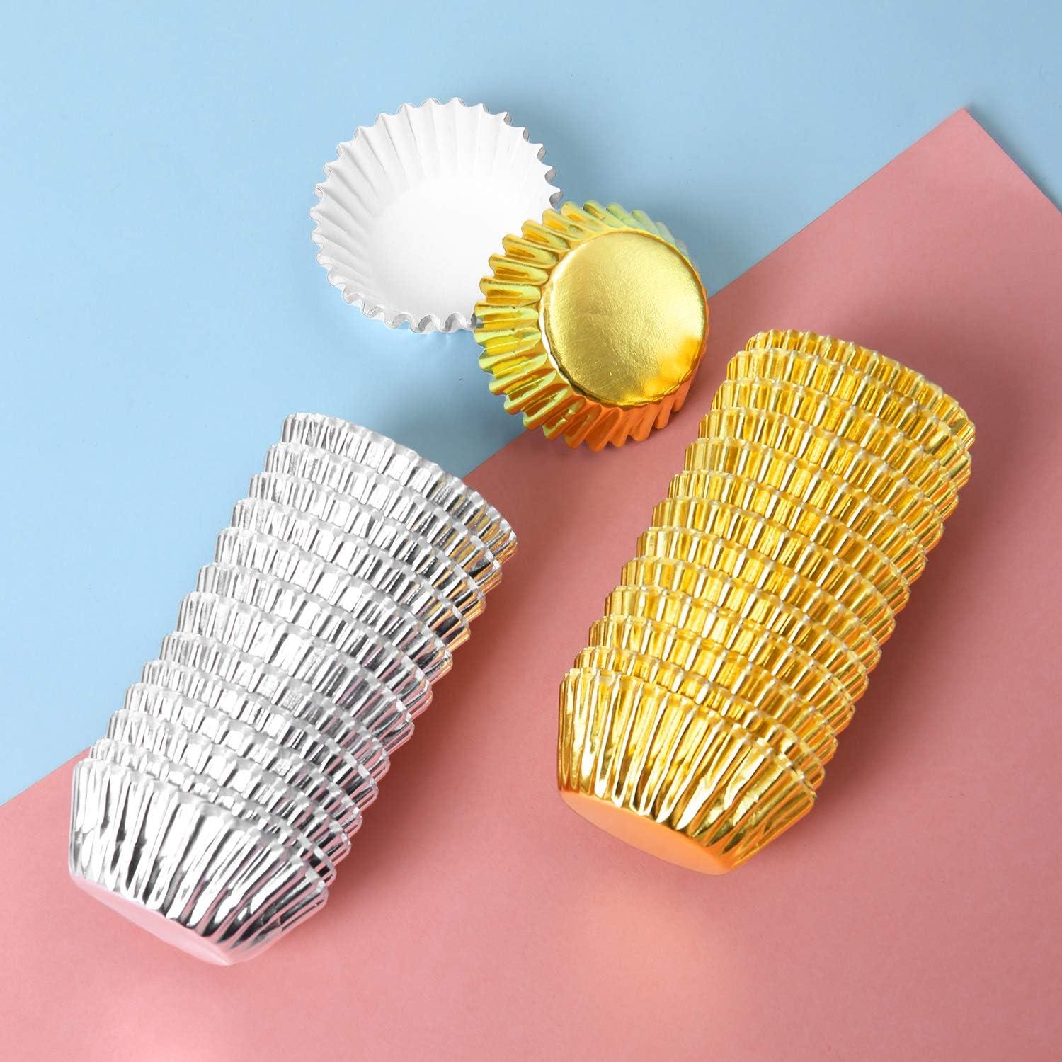 Elcoho 600 Mini Forros Metálicos para Cupcakes Dorado y Plateado