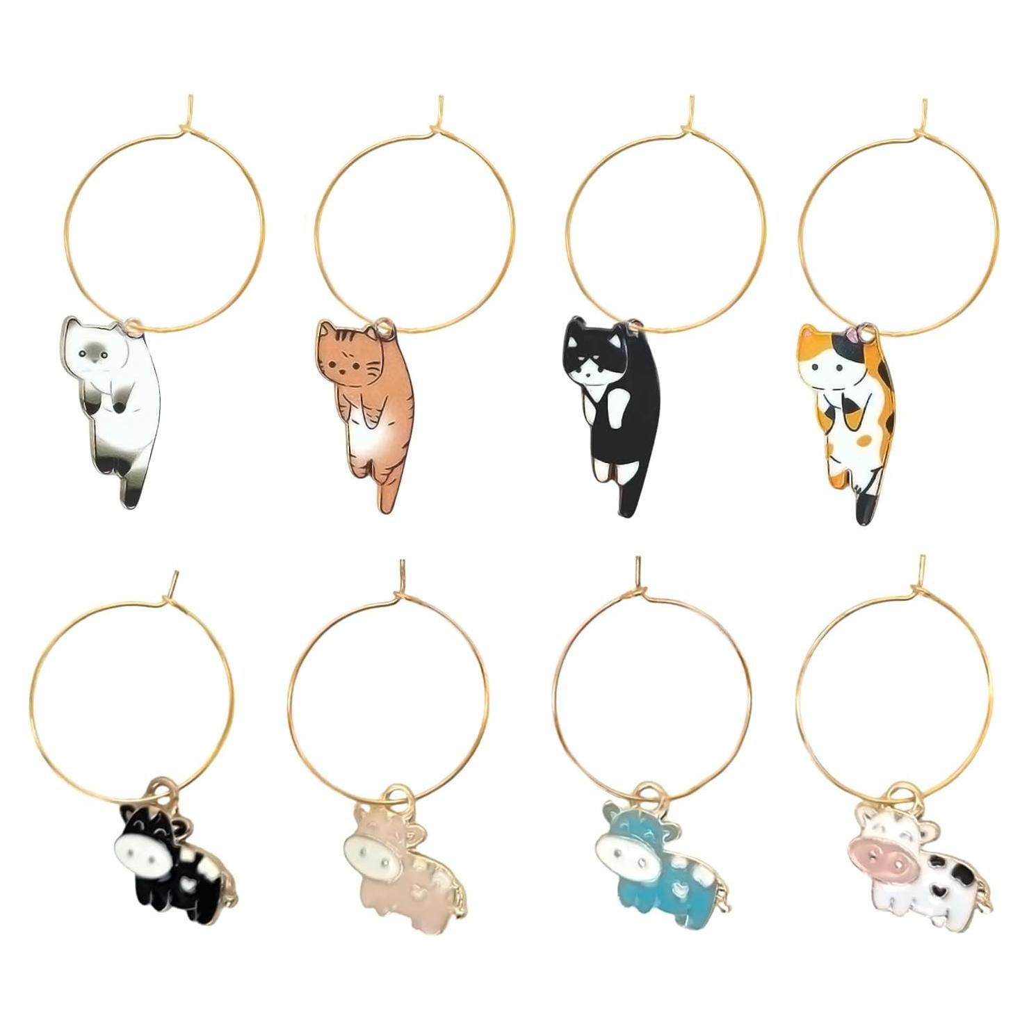 Juego de 8 Charms de Vino Sopopal - Animales Lindos de Vaca y Gato