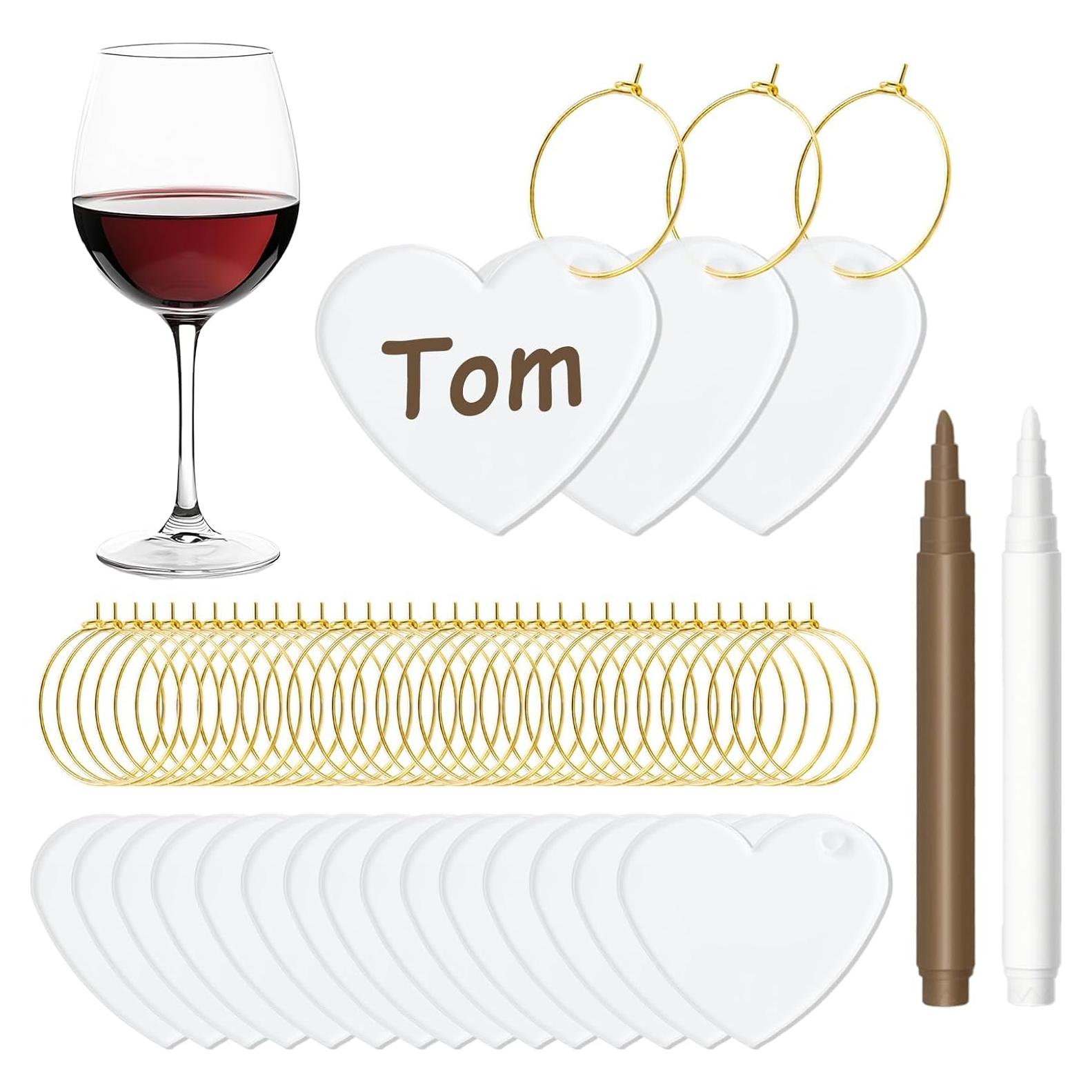 50 Marcadores de Vino Acrílicos Corazón + 2 Bolígrafos Perla